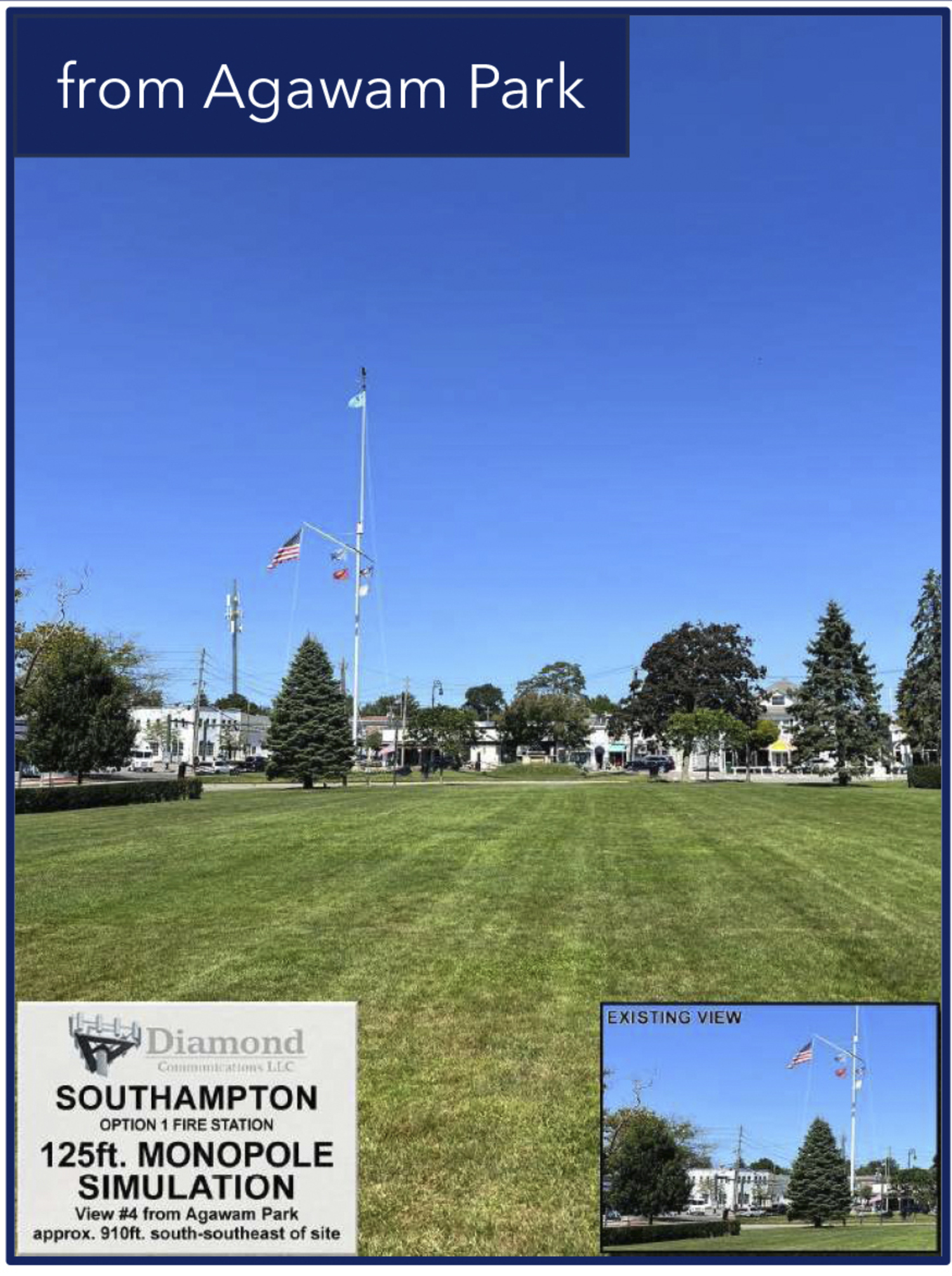 To address spotty and, in some areas, nonexistent cellular service, the Southampton Village Board of Trustees is considering allowing Diamond Communications to construct a 125-foot monopole cell tower in a back corner of the Windmill Lane firehouse.   COURTESY SOUTHAMPTON VILLAGE