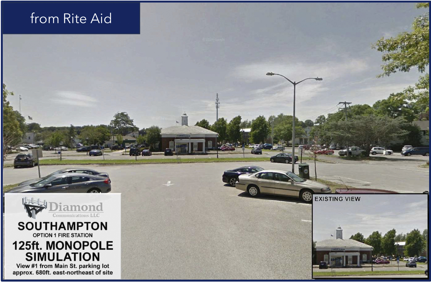 To address spotty and, in some areas, nonexistent cellular service, the Southampton Village Board of Trustees is considering allowing Diamond Communications to construct a 125-foot monopole cell tower in a back corner of the Windmill Lane firehouse.   COURTESY SOUTHAMPTON VILLAGE