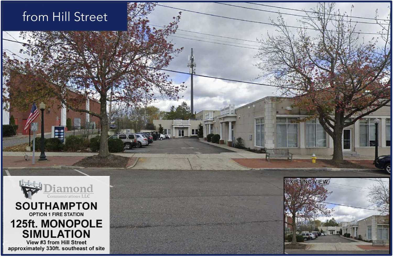 To address spotty and, in some areas, nonexistent cellular service, the Southampton Village Board of Trustees is considering allowing Diamond Communications to construct a 125-foot monopole cell tower in a back corner of the Windmill Lane firehouse.   COURTESY SOUTHAMPTON VILLAGE