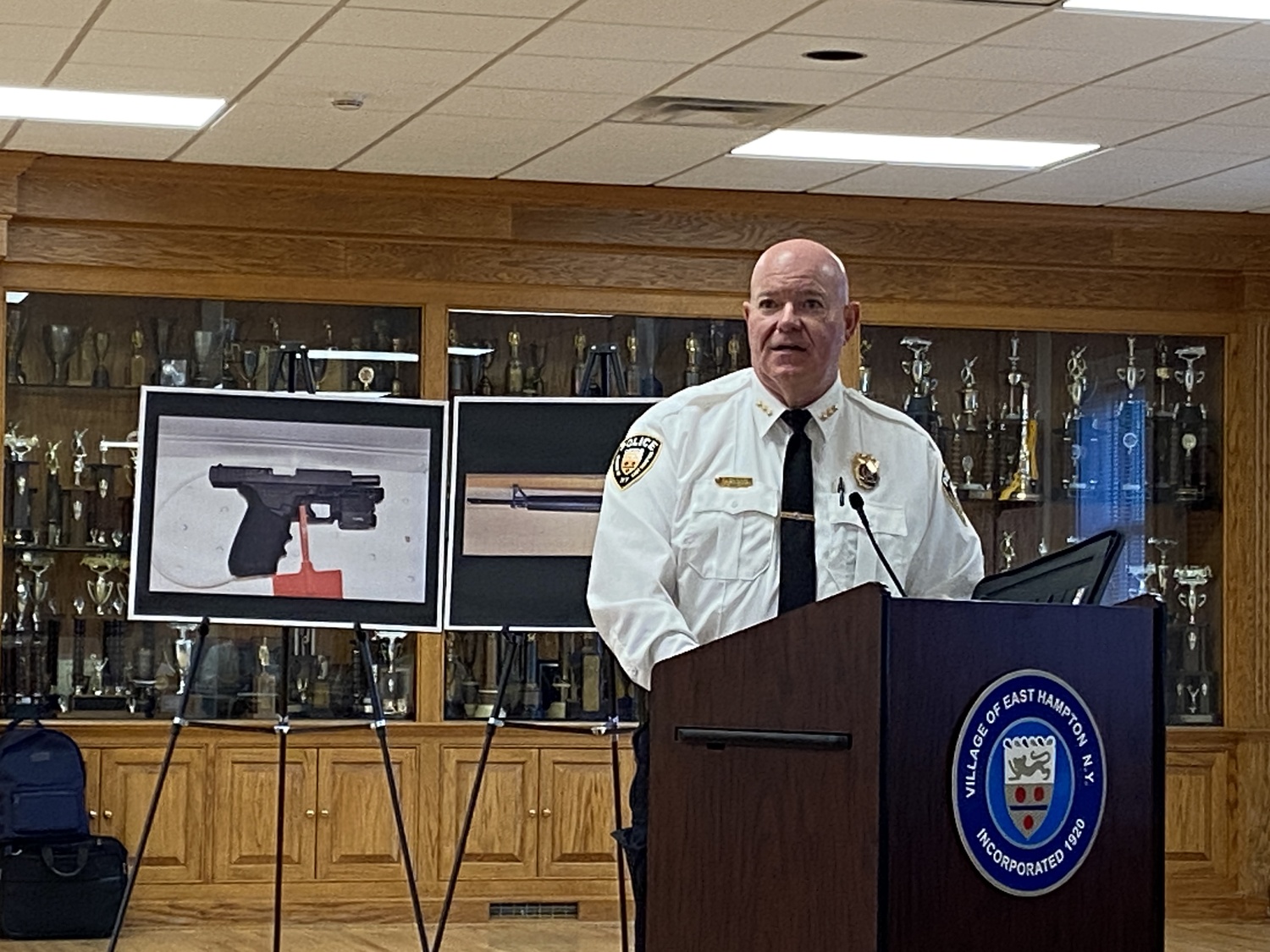 Chief Jeffrey Erickson of the East Hampton Village Police described the firearms that were found in a vehicle stopped on Main Street last summer. CHRISTOPHER WALSH