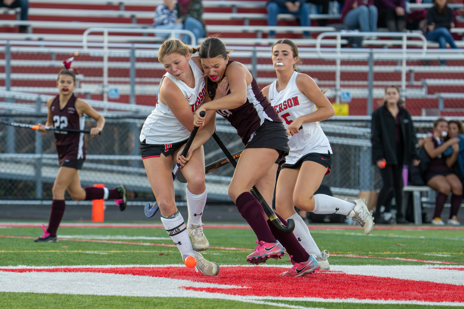 Pierson senior midfielder Cali Wilson and Southampton junior midfielder and forward Maggie Glanz battle for the ball. RON ESPOSITO