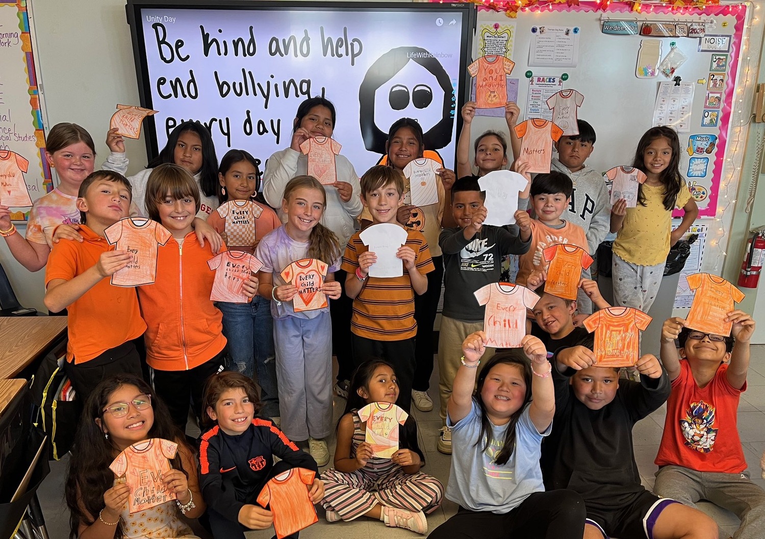 Students across the Hampton Bays School District recently celebrated Unity Day by wearing orange and participating in a variety of kindness activities. Unity Day aims to encourage students to promote acceptance, inclusion and kindness and send the message that no one should ever experience bullying. COURTESY HAMPTON BAYS SCHOOL DISTRICT