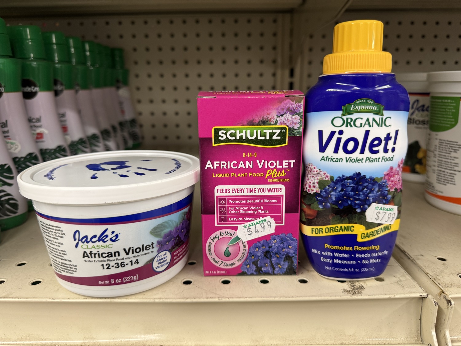 There are a number of African violet fertilizers on the market. The Shultz product is chemical based and may result in fertilizer salts building up on the pot and in the soil. Organics like the Espoma product on the right will be more gentle on the plant and will leave little if any fertilizer salts behind. Jack’s, on the left, is more of a 