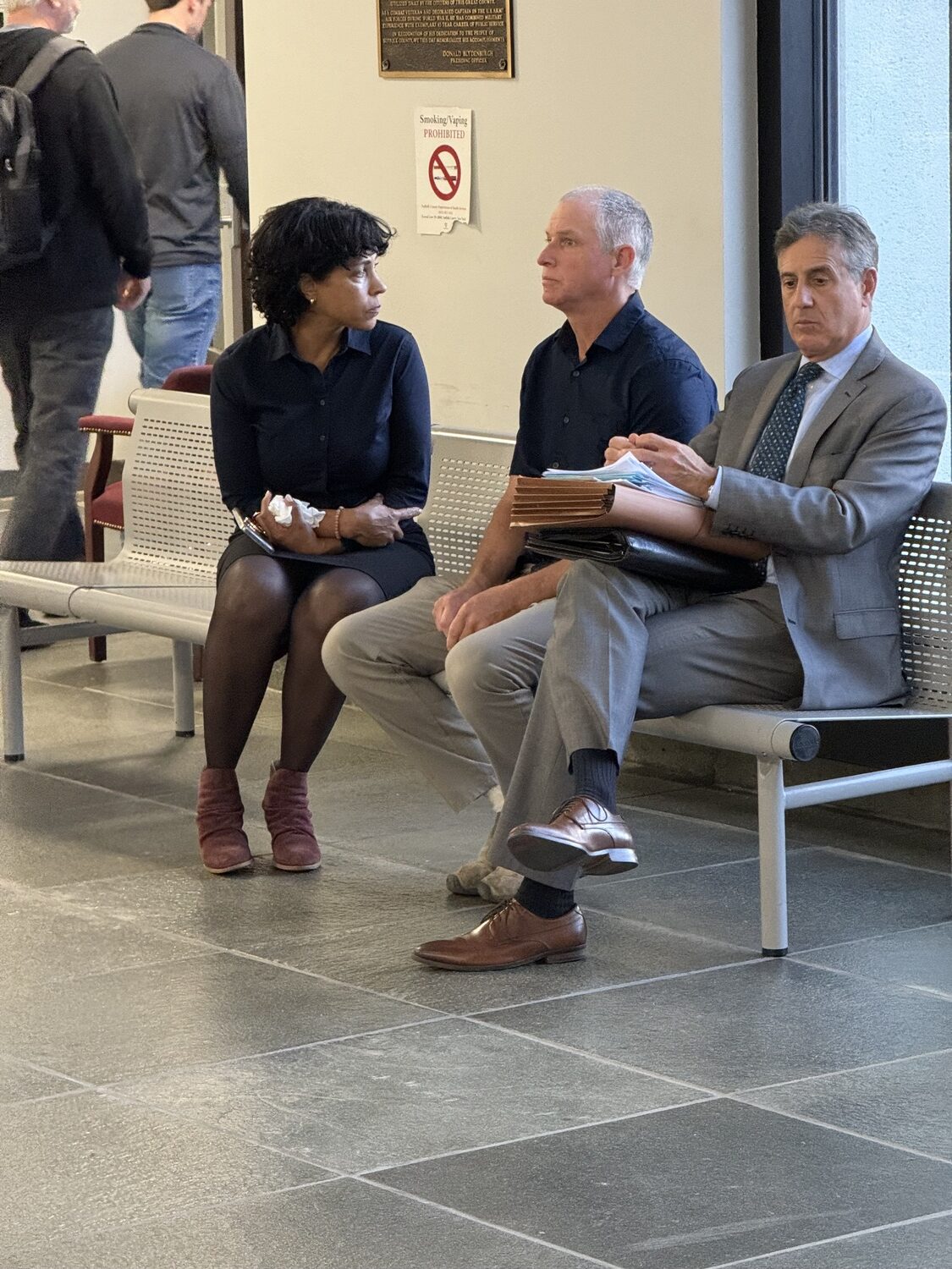 Pamela and Peter Miller in Suffolk County Court in Riverside on Thursday for their sentencing with their attorney, Edward Burke Jr.  T.E. McMORROW