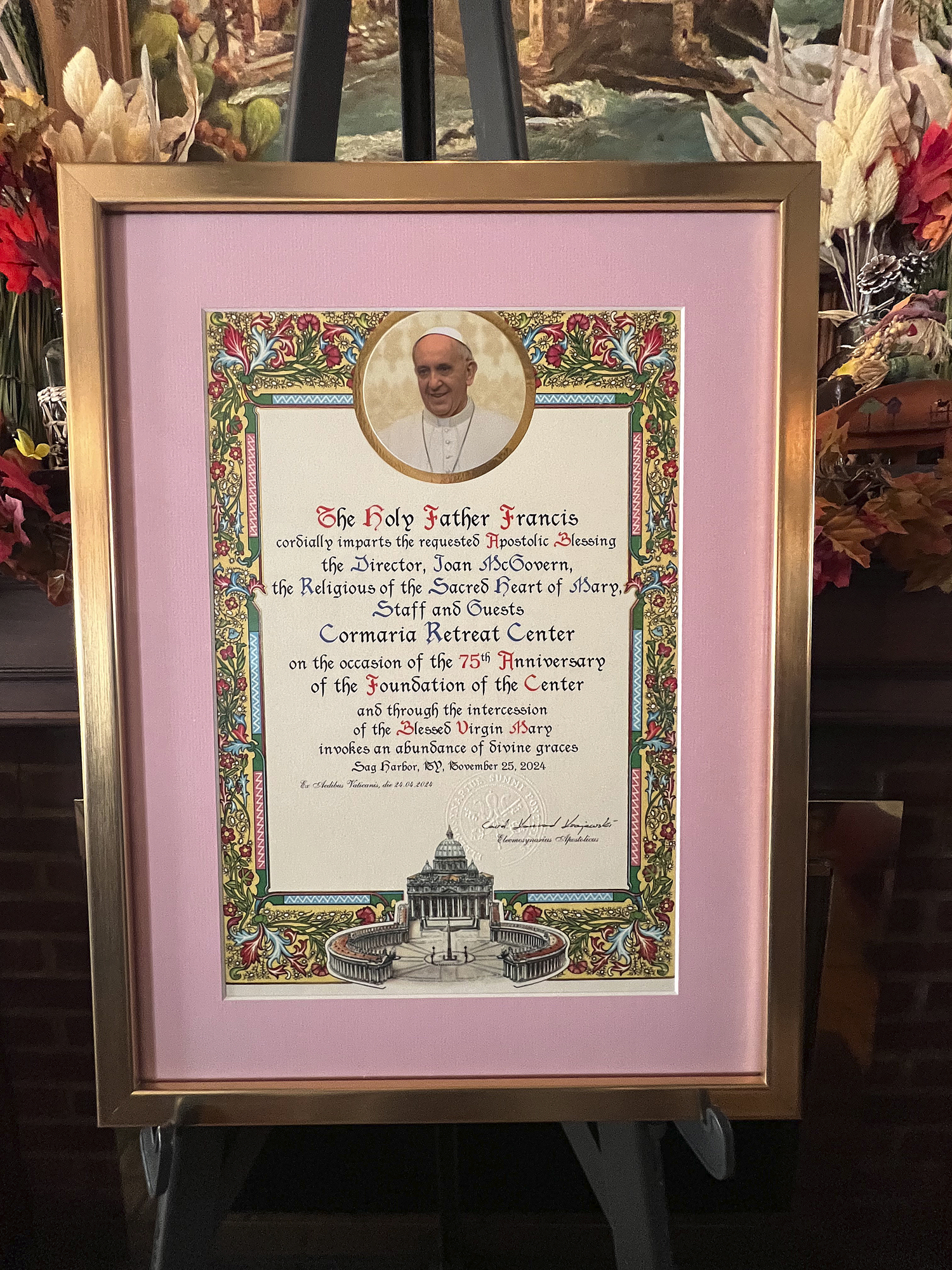 A Blessing from Pope Francis for Cor Maria's 75th anniversary.  DANA SHAW