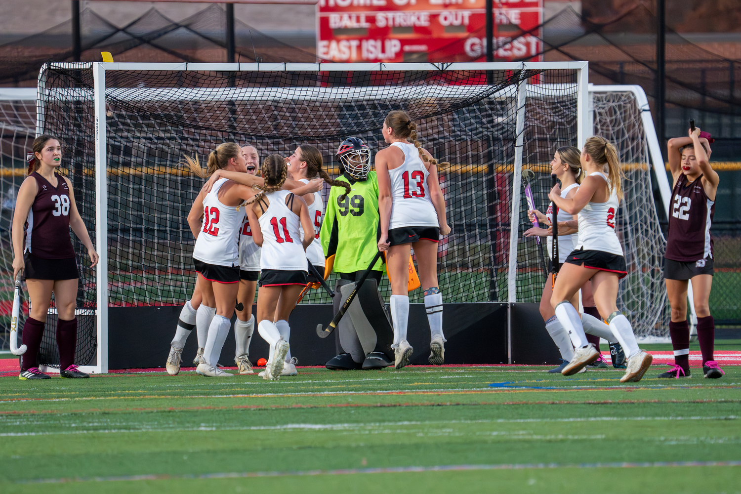 Pierson/Bridgehampton field hockey team members celebrate senior midfielder Bella Eldridge's goal. RON ESPOSITO