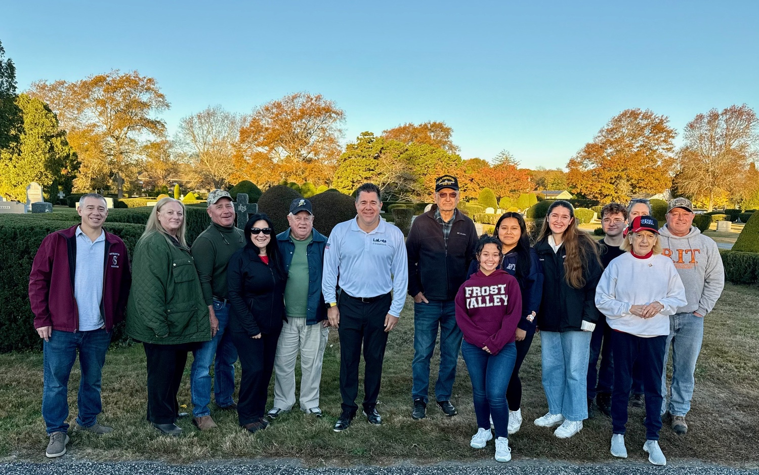 Members of the Southampton High School Mariners Patriot Club recently participated in an annual Veterans Day flag placement at Sacred Heart Cemetery. The students placed 1,200 flags throughout the cemetery with the assistance of Congressman Nick LaLota, the Polish Legion of American Veterans Ladies Auxiliary and Eastern Suffolk Ducks Unlimited. COURTESY SOUTHAMPTON SCHOOL DISTRICT