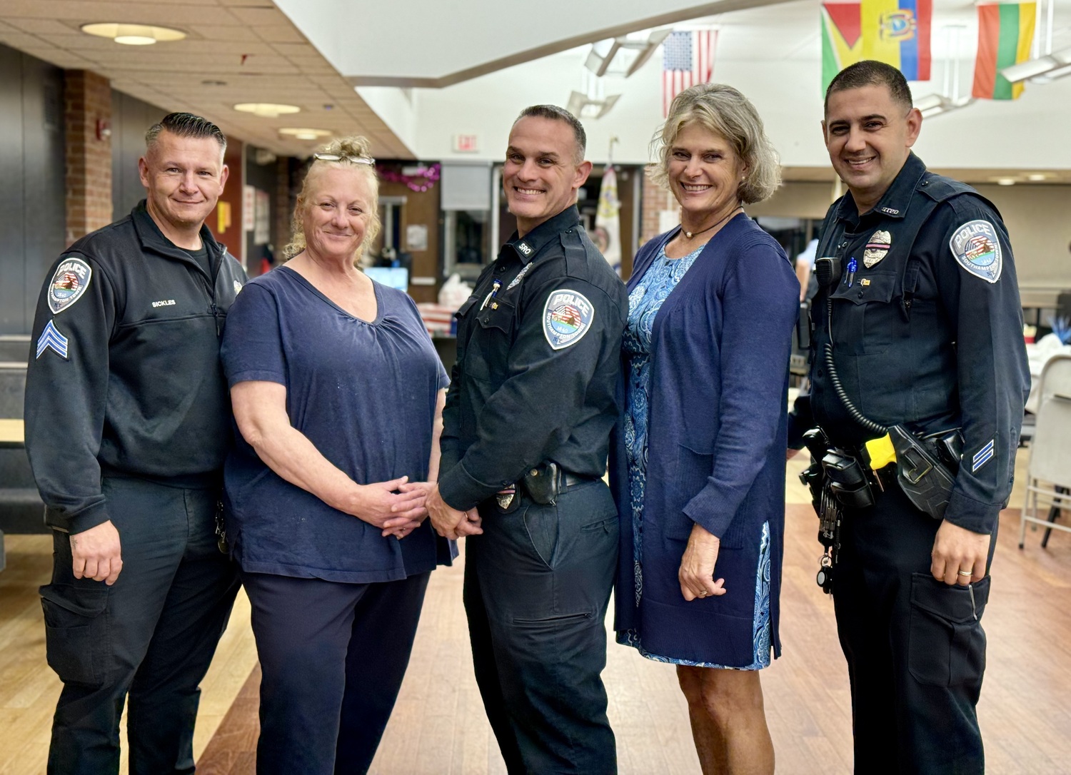 Sgt Eric Sickles, Patriot Club Advisor Thea Fry, School Resource Officer Tony Vecchio, Suffolk County Legislator Ann Welker, Officer Chris Florea at Southampton High School's Patriot Club Veterans Appreciation Dinner. COURTESY SOUTHAMPTON SCHOOL DISTRICT