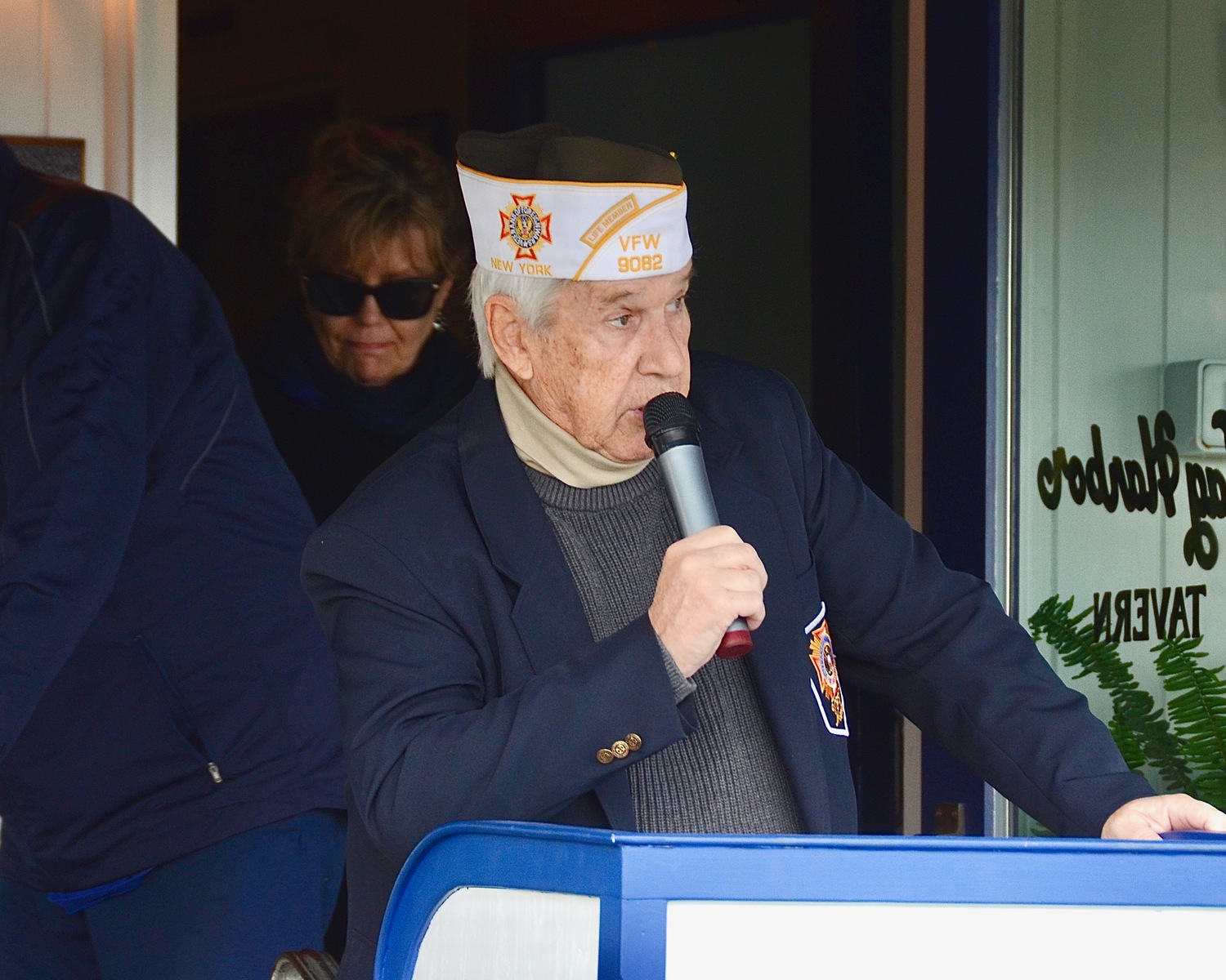 Hap Wills read a speech prepared by Veterans of Foreign Wars Commander Max Yardley, who was out of town, at the Sag Harbor Veterans Day observance. KYRIL BROMLEY PHOTOS