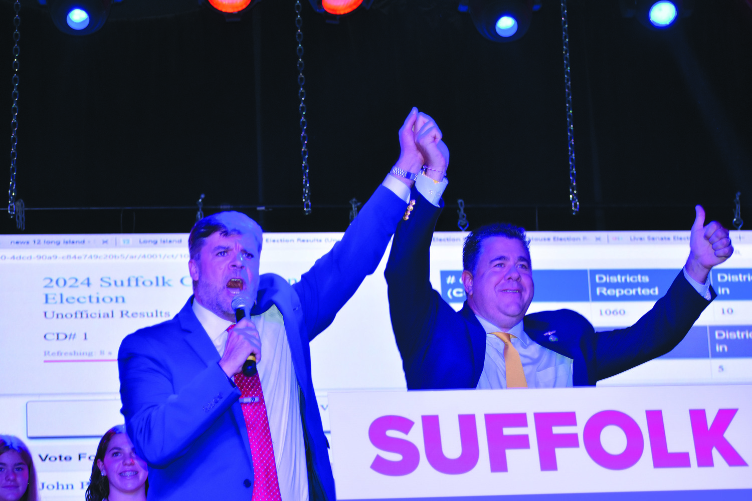 November 7 - Chairman of the Suffolk County Republican Party Jesse Garcia and U.S. Representative Nick LaLota after Lalota's victory on Election Night.  BRENDAN O'REILLY