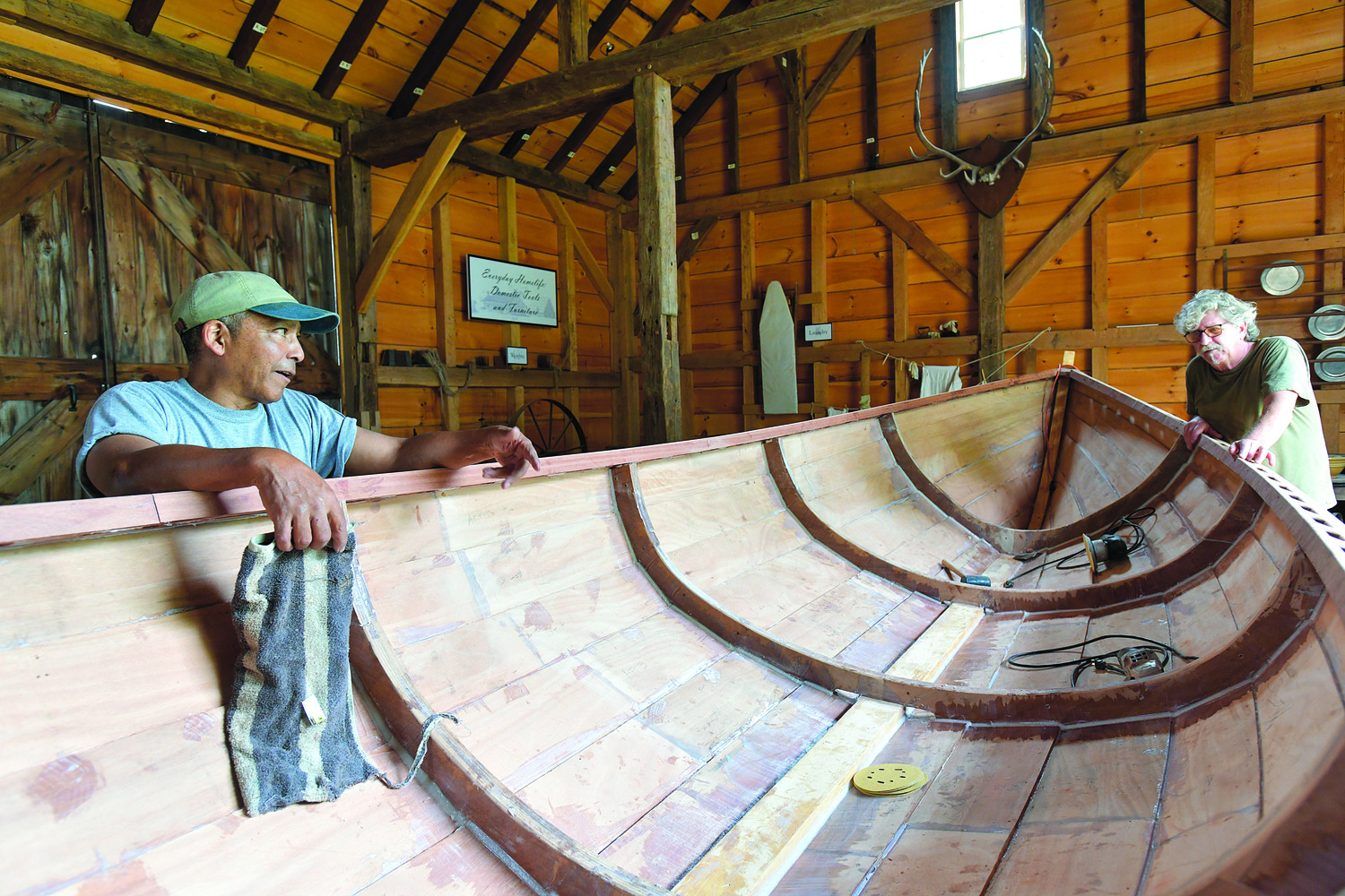 July 4 - Keith Phillips and Andrew Hurley with the Nowedonah at the Southampton Historical Museum.  DANA SHAW