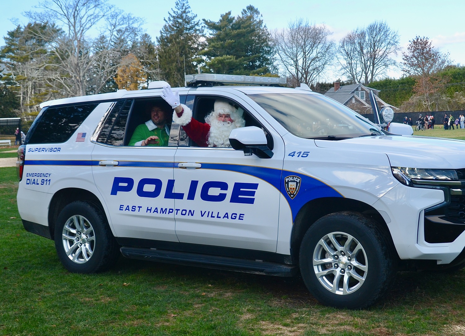 Santa arrives via helicopter in Herrick Park in East Hampton on Saturday morning.  KYRIL BROMLEY