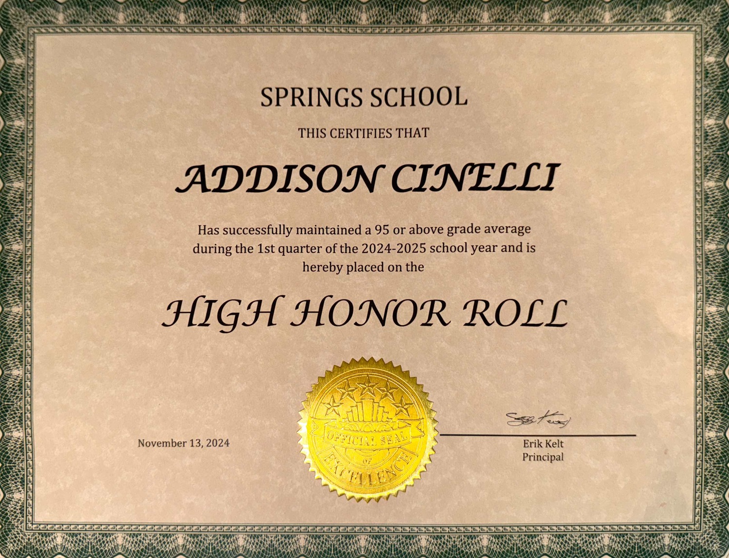 Sixth-grader Addison Cinelli worked hard last quarter to achieve High Honor Roll and is eager to continue on this successful path. SHELBY POPLOWSKI