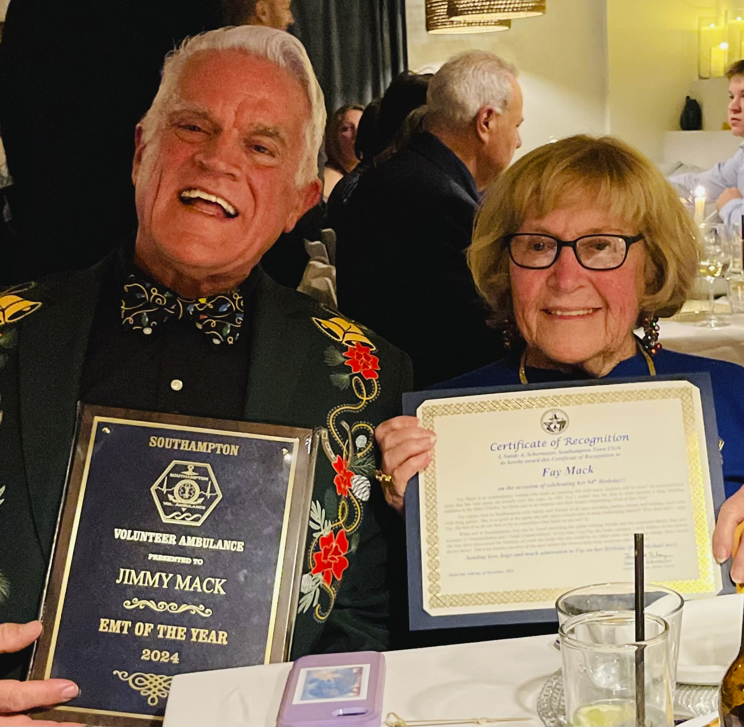 The Southampton Volunteer Ambulance named Jimmy Mack as EMT of the Year on Saturday evening  at their awards ceremony. Fay Mack was presented with Certificate of Recognition for her 94th birthday.  COURTESY JIMMY MACK