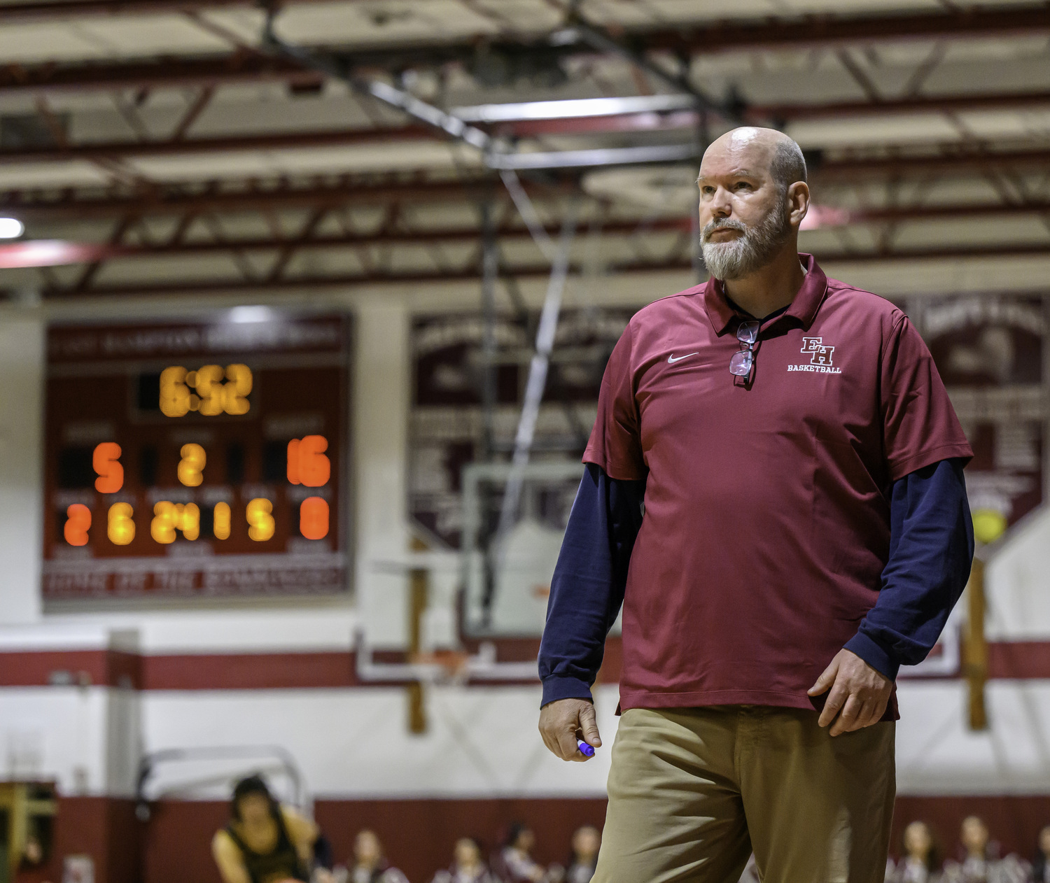 Bonac head coach Dave Conlon looks on with his team trailing early on.  MARIANNE BARNETT