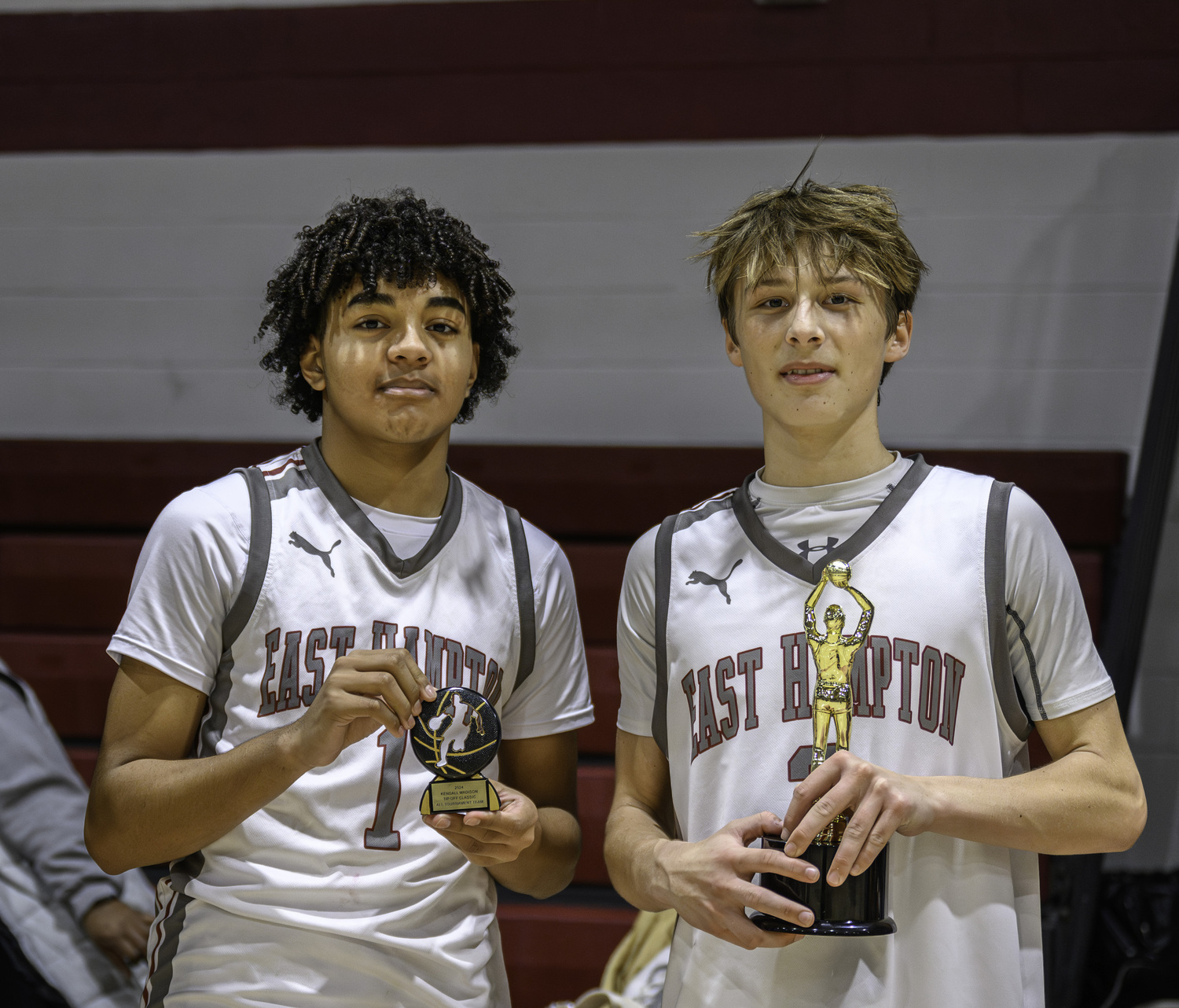 Mason Jefferson, left, with his All-Tournament Team award and Toby Foster with his MVP award.  MARIANNE BARNETT