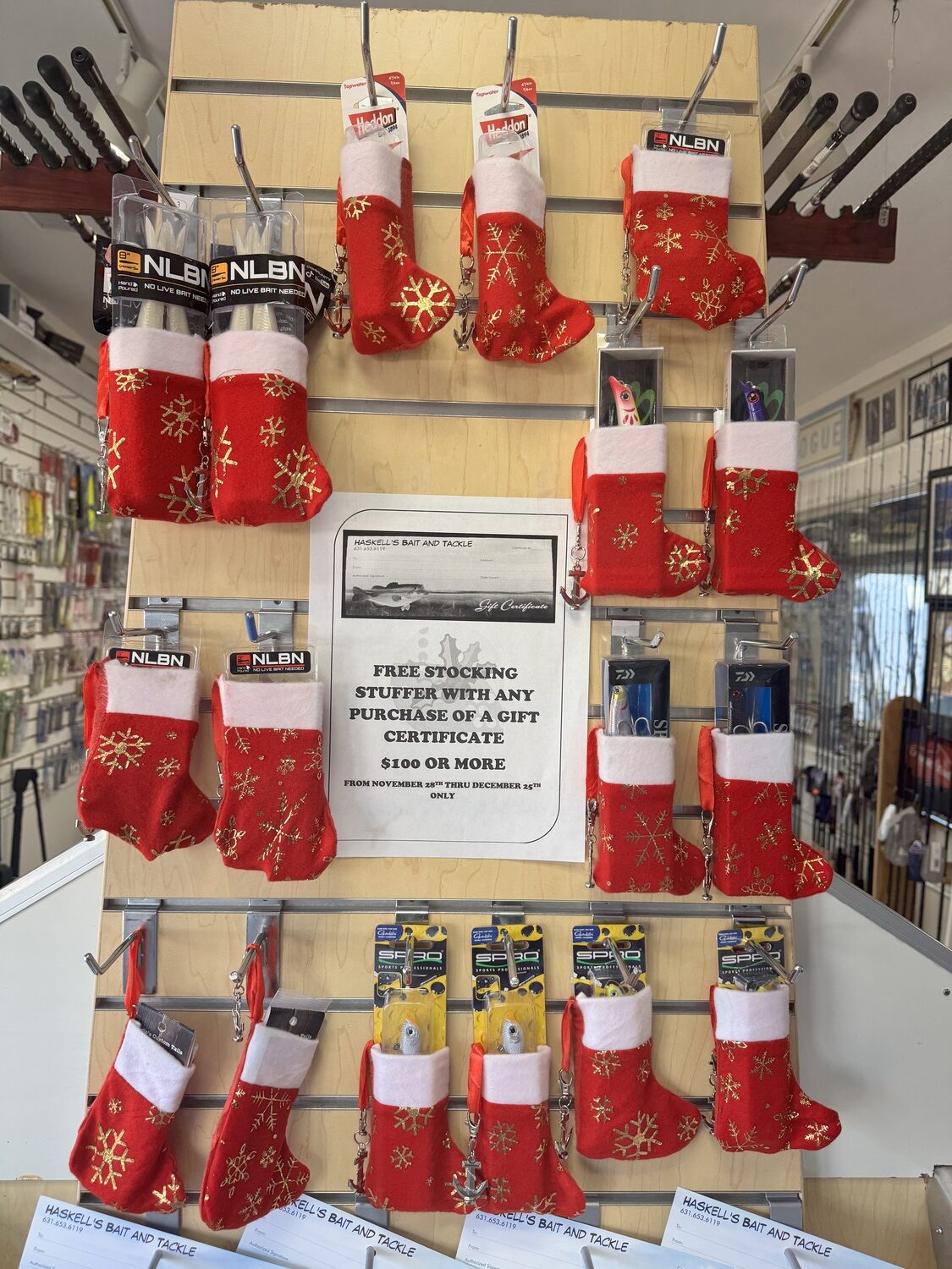 Gift cards are a reliable gift option for anglers. Haskell's Bait & Tackle in East Quogue will give a you a free stocking stuffer-sized lure with any gift card of $100 or more.