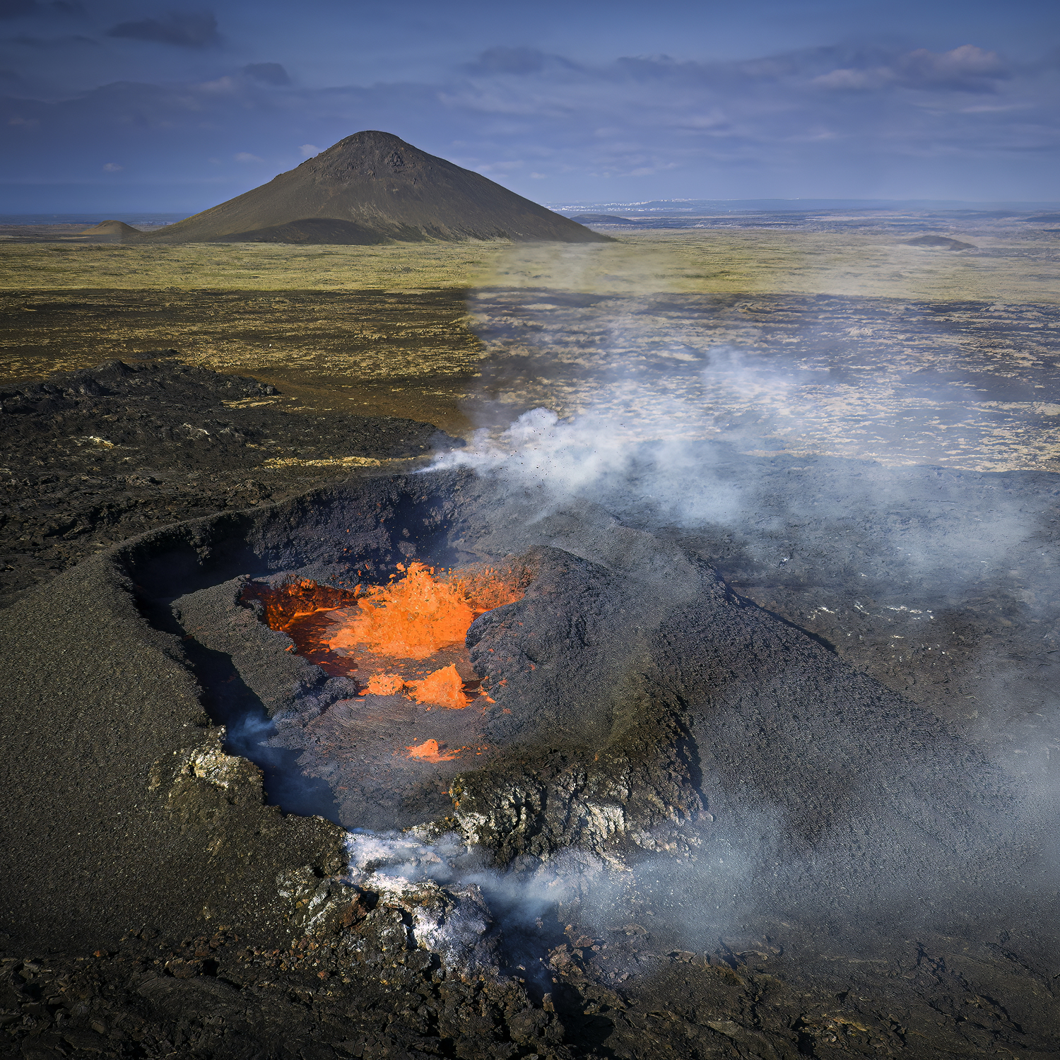 An active volcano in summer 2023.