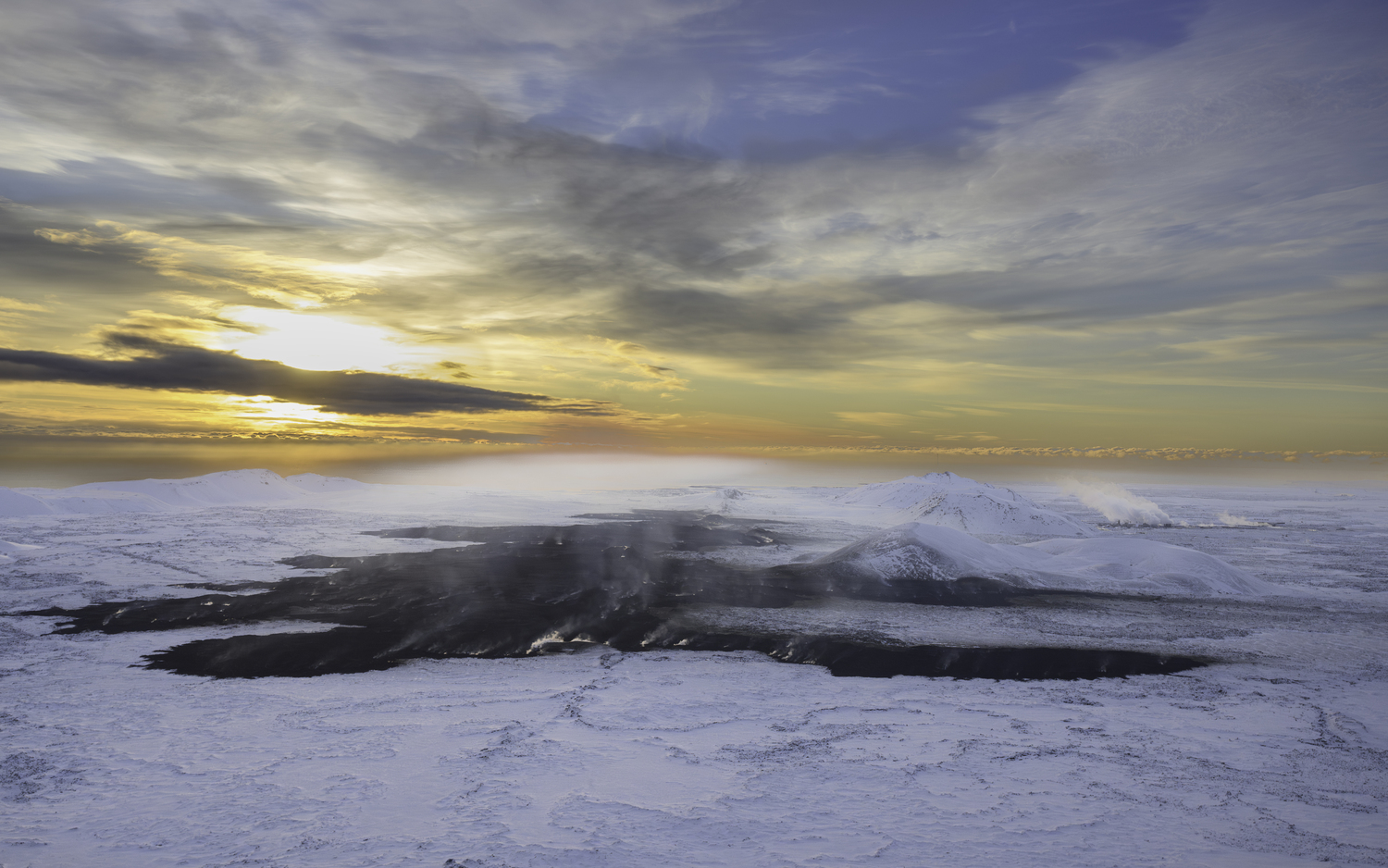 A still warm area from recent volcanic eruption in the winter.