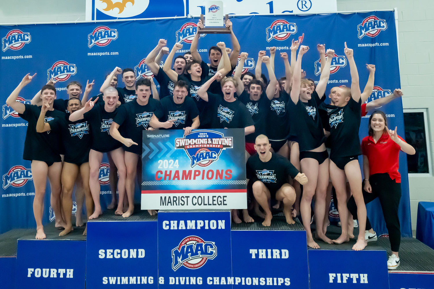 Members of Marist College's men's swimming and diving team after winning the 2024 Metro Atlantic Athletic Conference Championship.   CARLISLE STOCKTON/MARIST ATHLETICS