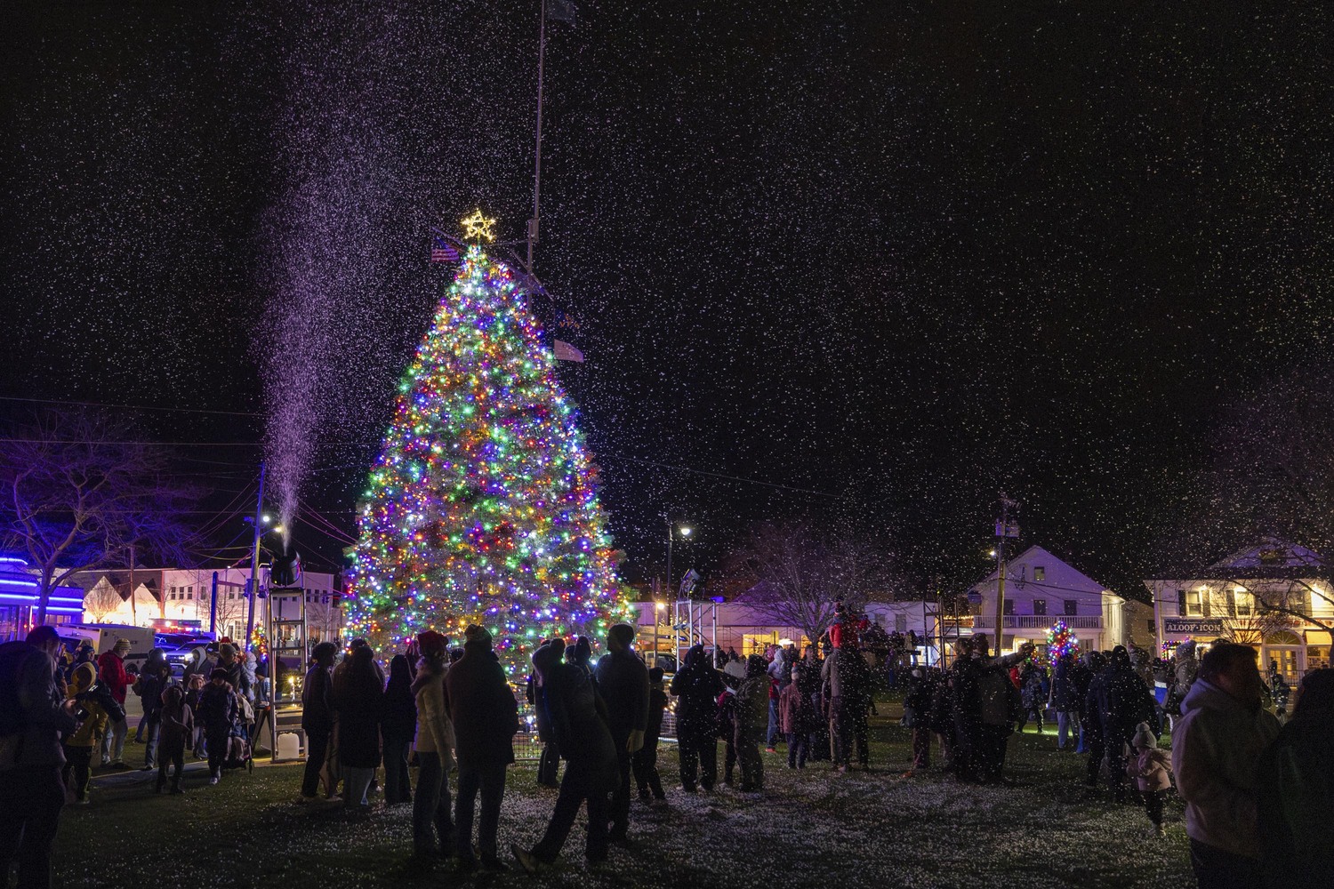 The tree is lighted in Agawam Park on Saturday evening.