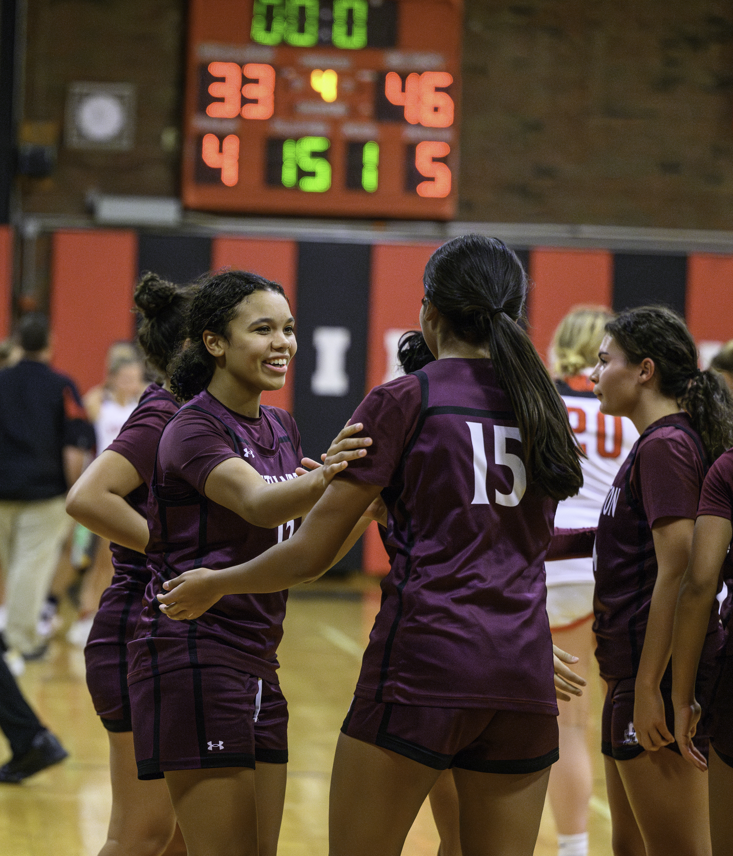 Mya Halsey and the Mariners are all smiles after their 46-33 victory at Pierson on Thursday, December 12.  MARIANNE BARNETT