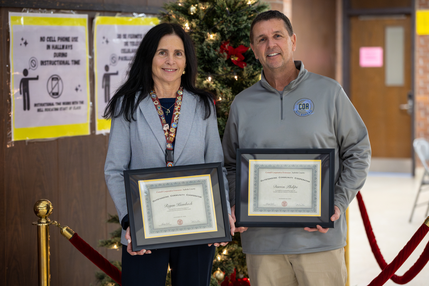 Southampton School District’s Director of Food Services Regan Kiembock and Director of Athletics Darren Phillips were recently honored with the Cornell Cooperative Extension Outstanding Community Cooperative-Community Education Award. COURTESY SOUTHAMPTON SCHOOL DISTRICT