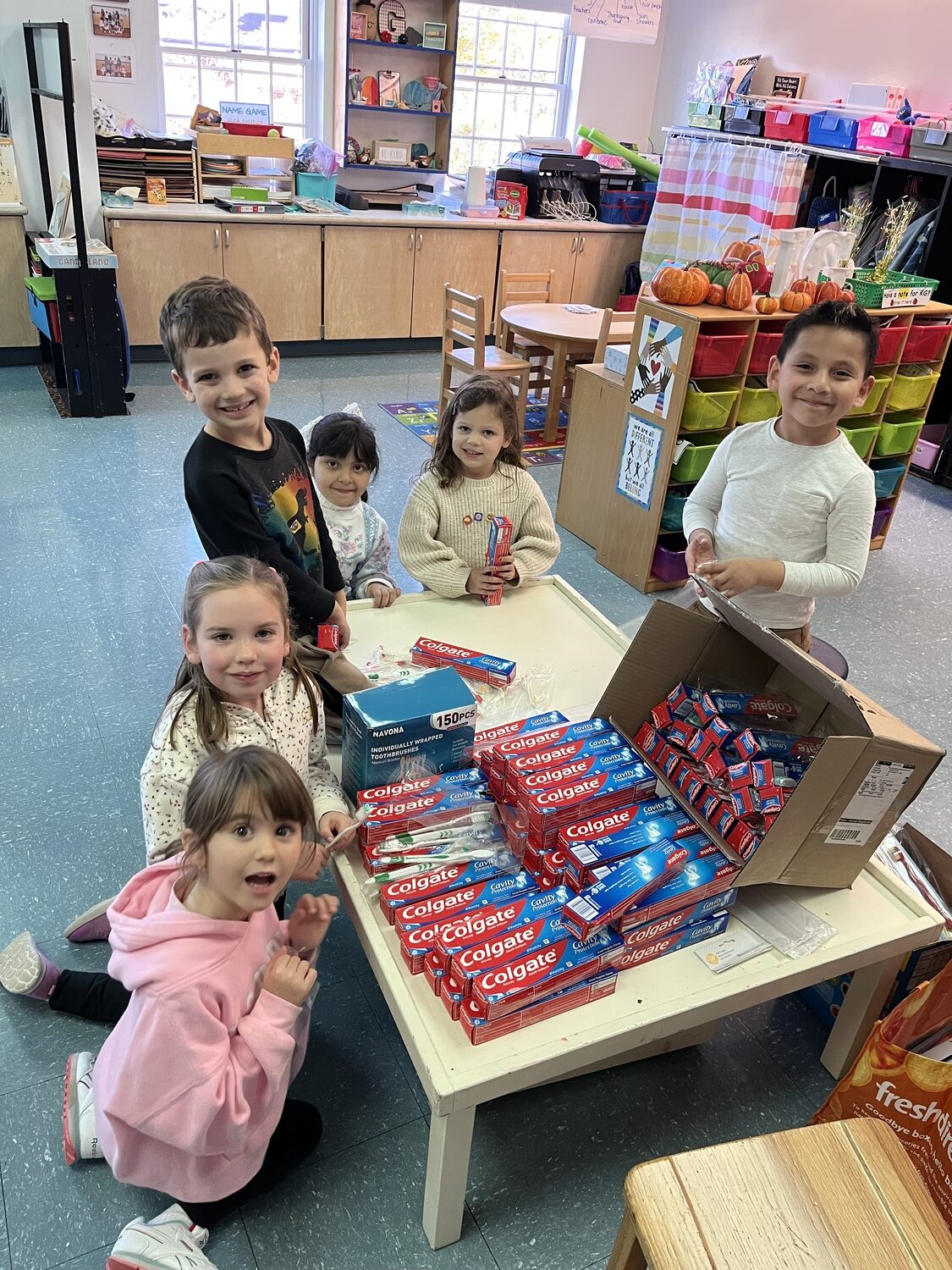 Sag Harbor Elementary School kindergarten students worked together to package toothbrushes and toothpaste for a schoolwide donation to the Sag Harbor Food Pantry. COURTESY SAG HARBOR SCHOOL DISTRICT