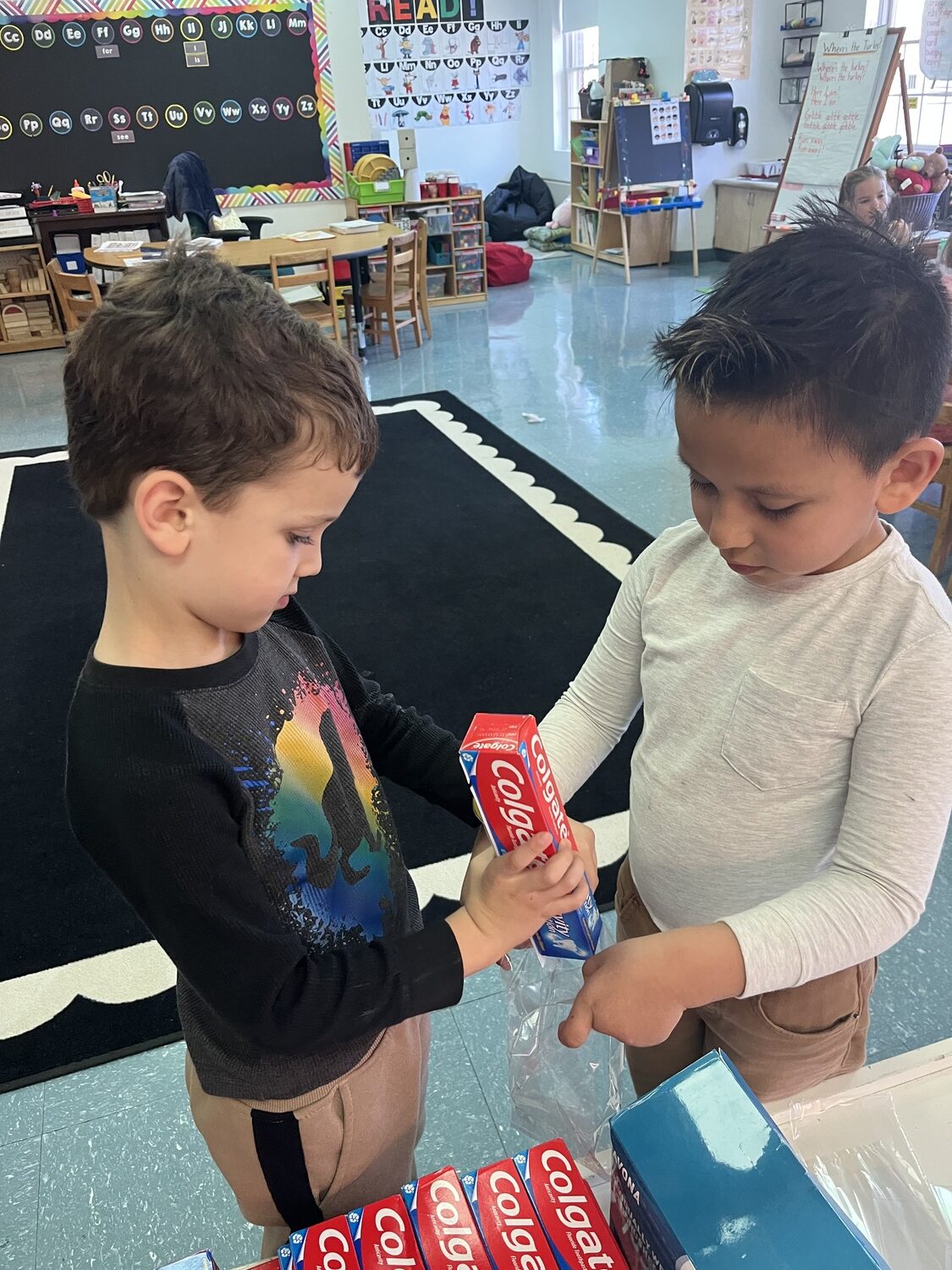 Sag Harbor Elementary School kindergarten students worked together to package toothbrushes and toothpaste for a schoolwide donation to the Sag Harbor Food Pantry. COURTESY SAG HARBOR SCHOOL DISTRICT