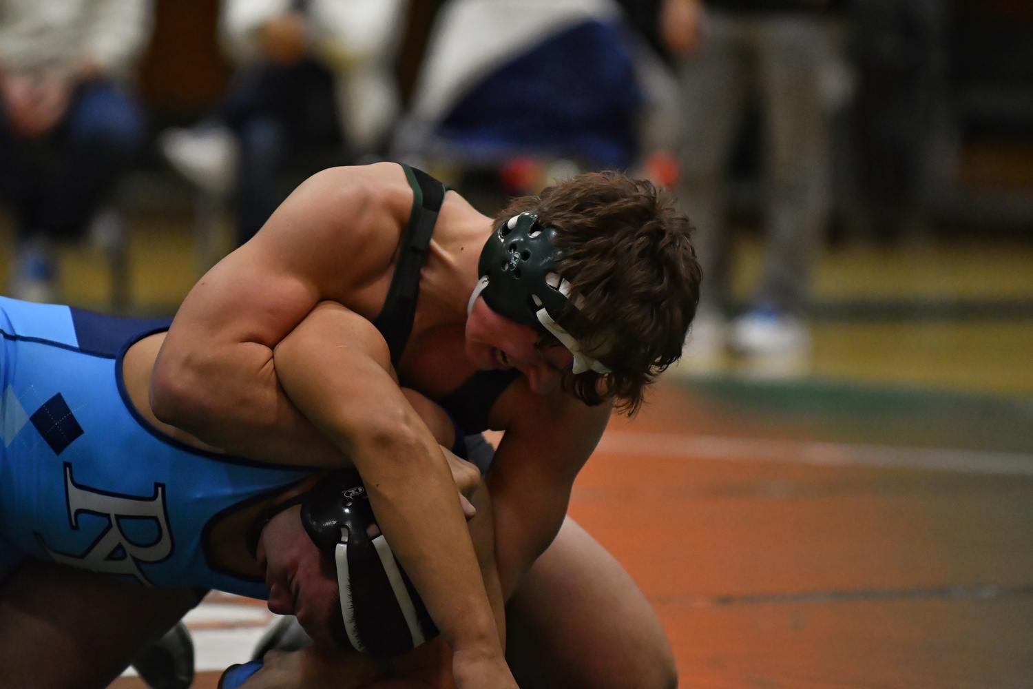 Westhampton Beach sophomore Andrew Lewis clinched the match over Rocky Point with a pin of Christian Romero.   JEFF CANGELOSI