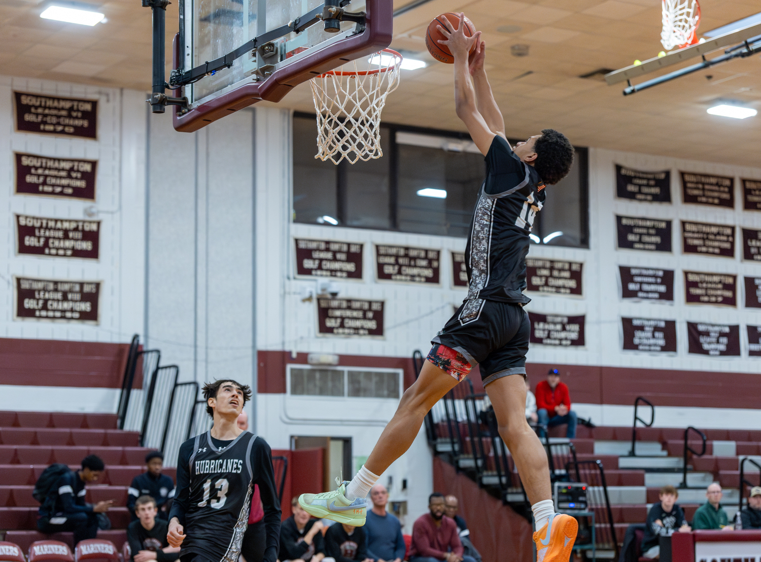 Westhampton Beach senior Jorden Bennett goes up with a two-hand jam.   RON ESPOSITO