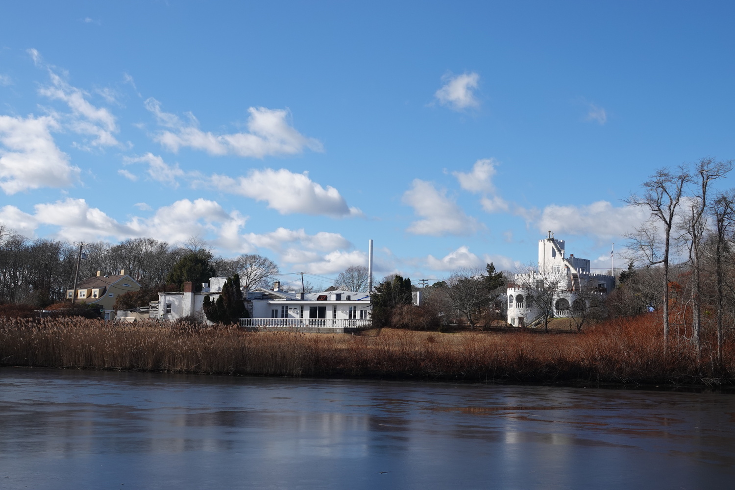 Southampton Town plans to purchase the Casa Basso property in Westhampton. It plans to tear down the restaurant building to create new public access to the tidal creek behind it and will preserve the faux castle structure, which dates to 1902. MICHAEL WRIGHT