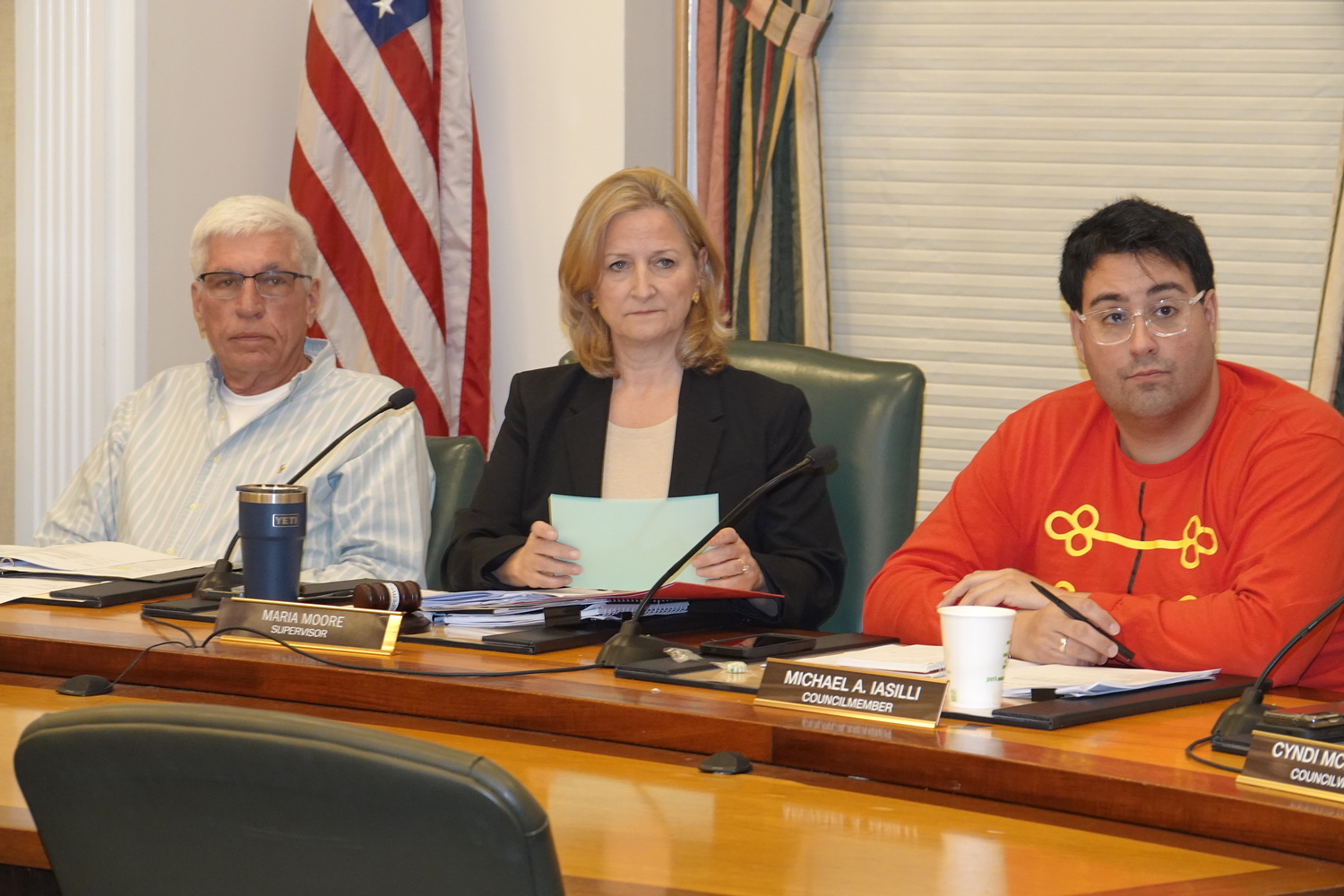 The Southampton Town Board was divided in its support of the decision to sue the Shinnecock Nation over a gas station being built in Hampton Bays. Councilman Michael Iasilli, right, joined Councilman Tommy John Schiavoni in voting against taking legal action. Councilman Bill Pell, left, and Supervisor Maria Moore voted in favor, along with Councilwoman Cyndi McNamara. MICHAEL WRIGHT