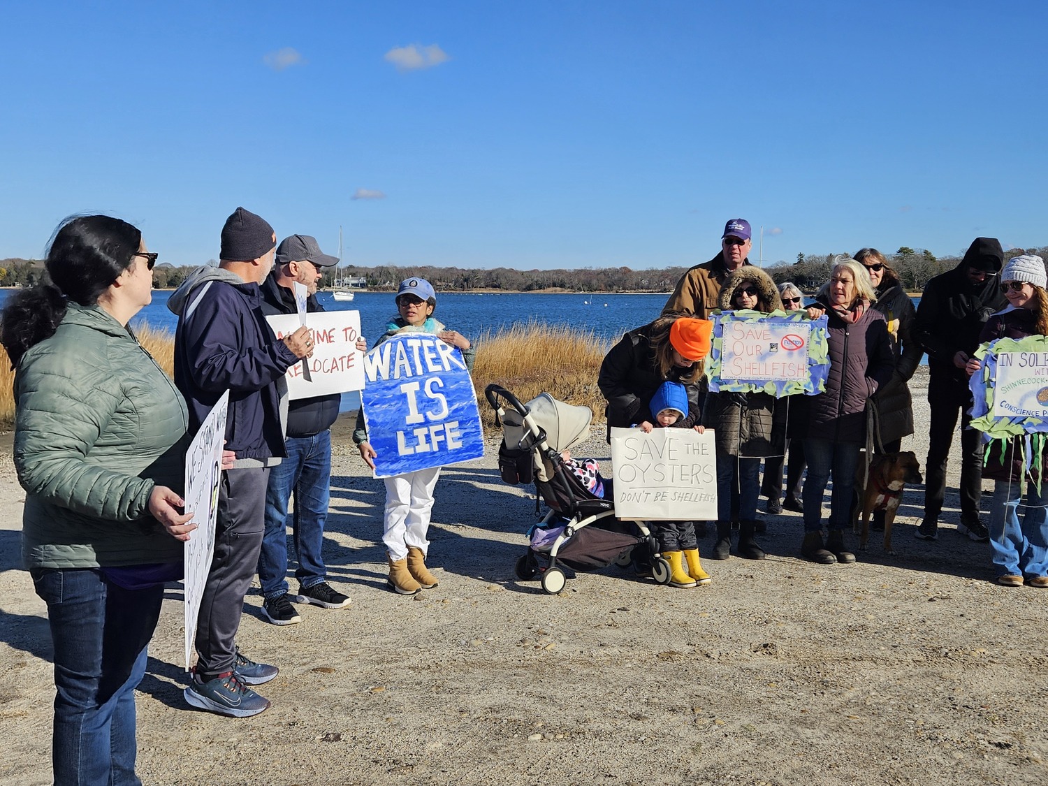 Members of the Shinnecock Nation and supporters of the Conscience Point Shellfish Hatchery staged a protest on Saturday at the historic landing site of the first English settlers of the South Fork over the Southampton History Museum, which owns the land, revoking the lease to the hatchery. TESS MAHONEY