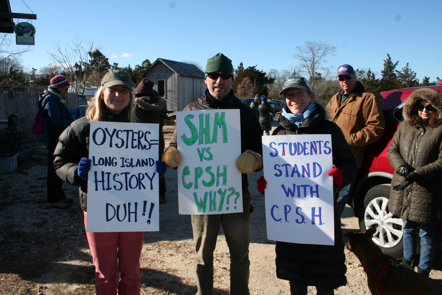 Members of the Shinnecock Nation and supporters of the Conscience Point Shellfish Hatchery staged a protest on Saturday at the historic landing site of the first English settlers of the South Fork over the Southampton History Museum, which owns the land, revoking the lease to the hatchery. TESS MAHONEY