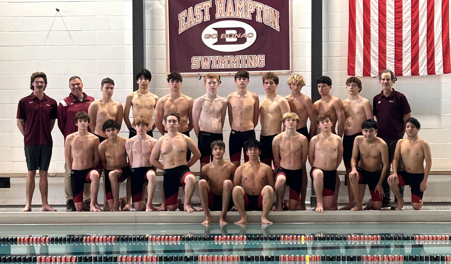 The 2024-2025 East Hampton/Pierson/Bridgehampton boys swim team.  COURTESY CRAIG BRIERLEY