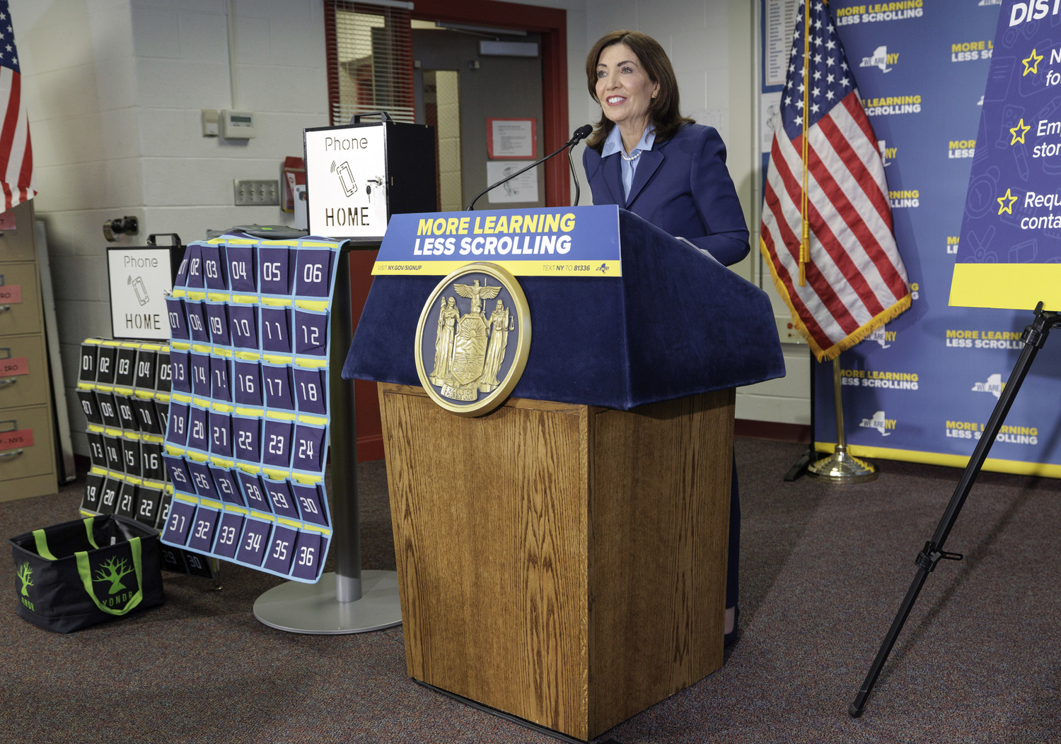 Governor Kathy Hochul launches her statewide push for distraction-free schools on January 22.     Mike Groll/Office of Governor Kathy Hochul