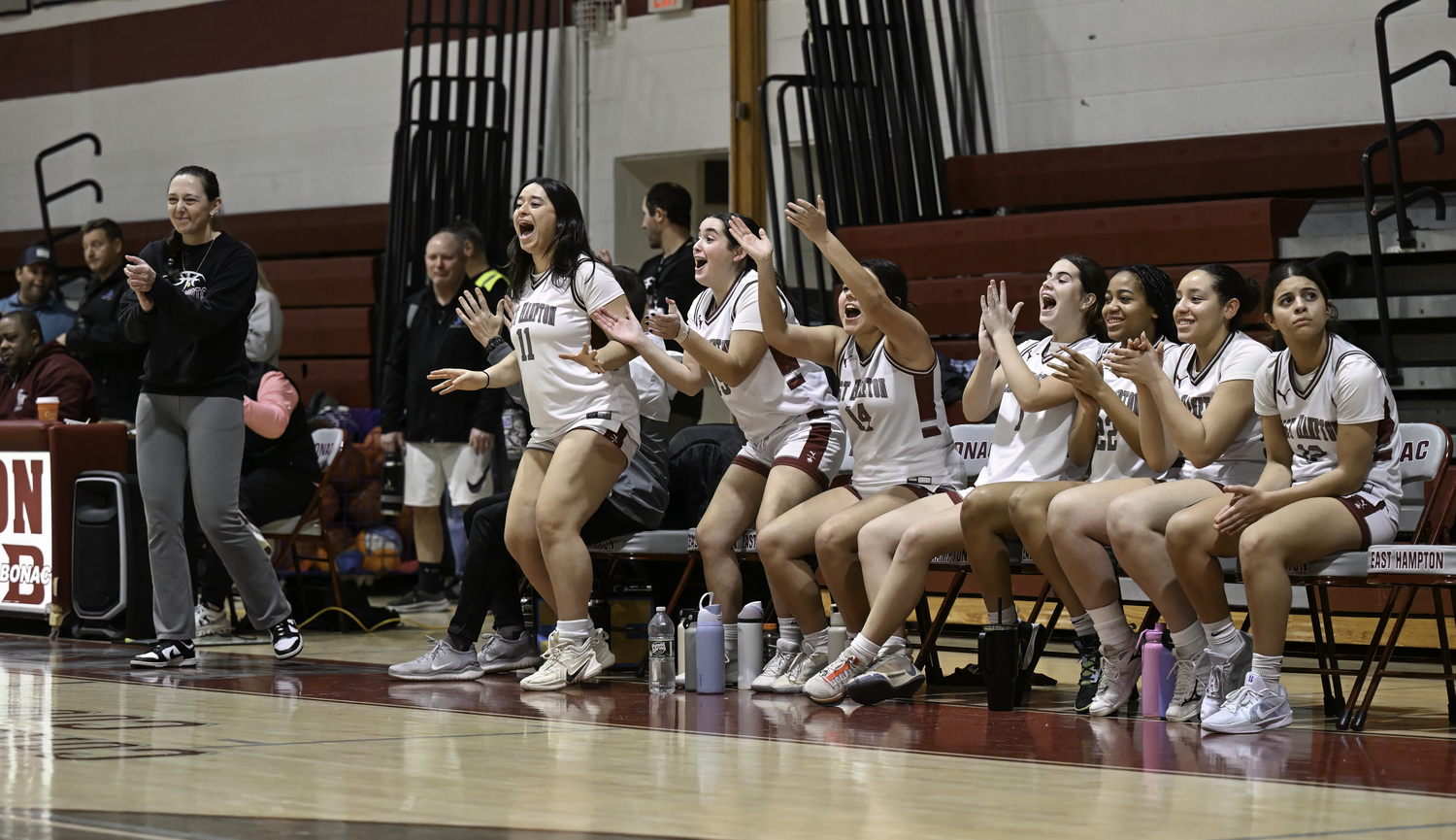 The Bonackers celebrate a basket.   MARIANNE BARNETT