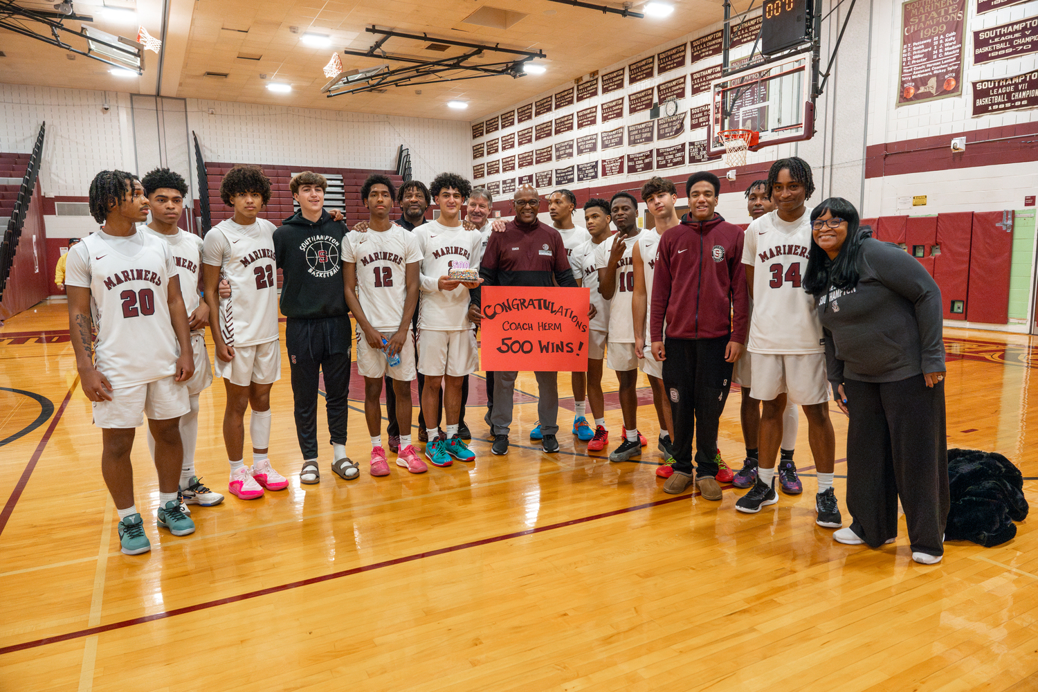 Southampton varsity boys basketball head coach Herm Lamison won his 500th career game on Monday night, a 102-59 victory over Port Jefferson.   RON ESPOSITO/SOUTHAMPTON SCHOOL DISTRICT