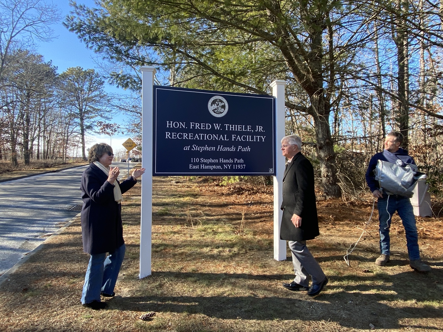 The new sign designating the playing fields on Stephen Hand's Path the Fred W. Thiele, Jr. Recreational Facility was unveiled on January 10, where East Hampton Town Supervisor Kathee Burke-Gonzalez led a tribute to the longtime state Assemblyman. CHRISTOPHER WALSH