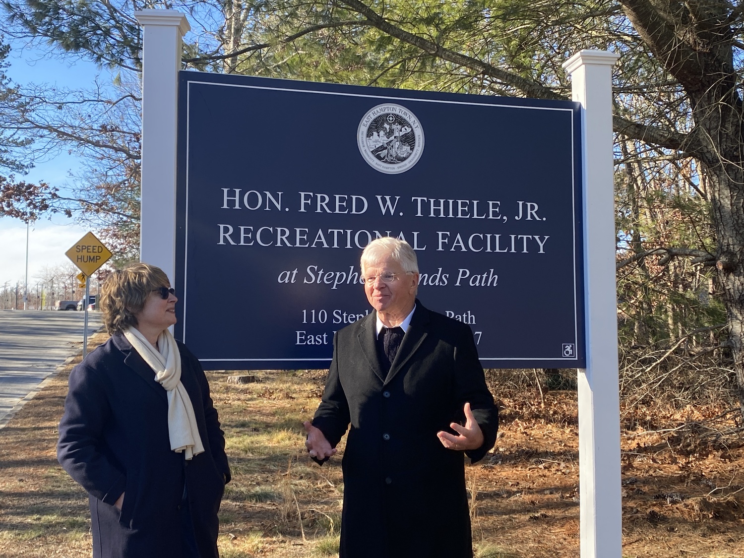 Former Assemblyman Fred W. Thiele Jr. thanked those who gathered for the unveiling of a sign renaming the playing fields on Stephen Hand's Path in East Hampton. CHRISTOPHER WALSH