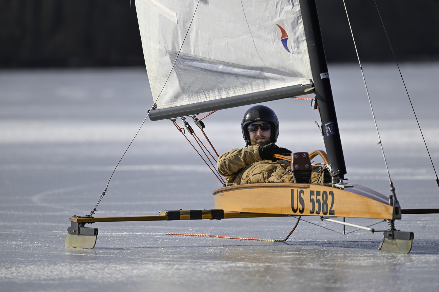 Eli Halsey glides along the ice on Mill Pond on Friday.   MARIANNE BARNETT