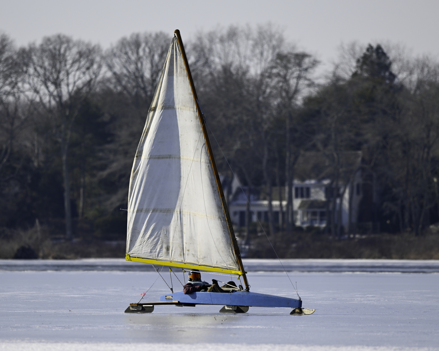 A blue boat on Mill Pond.    MARIANNE BARNETT