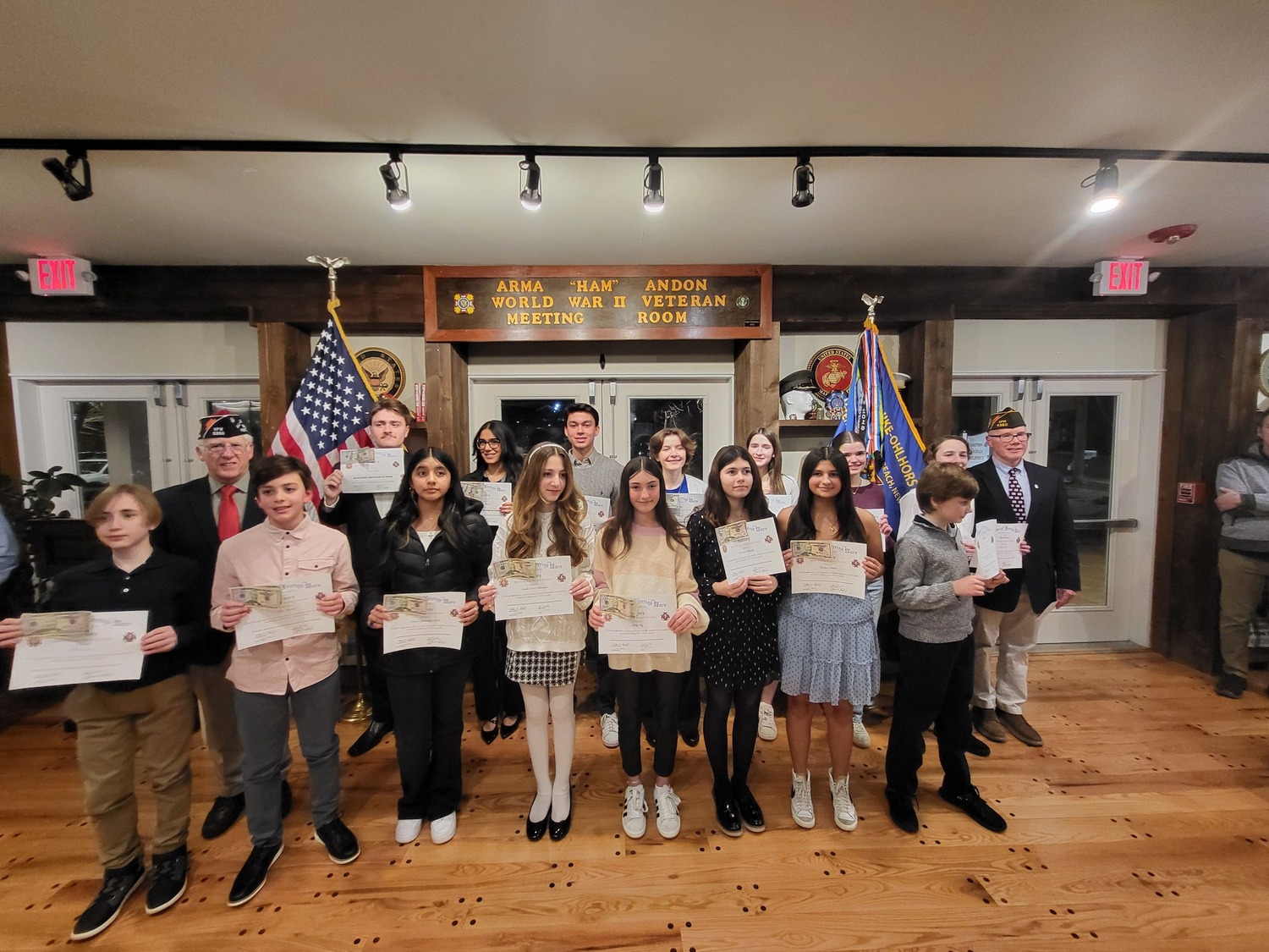 VFW POST 5350 recently organized its annual Voice of Democracy and Patriots Pen essay awards, acknowledging the achievements of 19 students from Westhampton Beach, Hampton Bays, East Quogue, Quogue, Raynor Country Day School, and Remsenburg Speonk School. COURTESY WILLIAM HUGHES