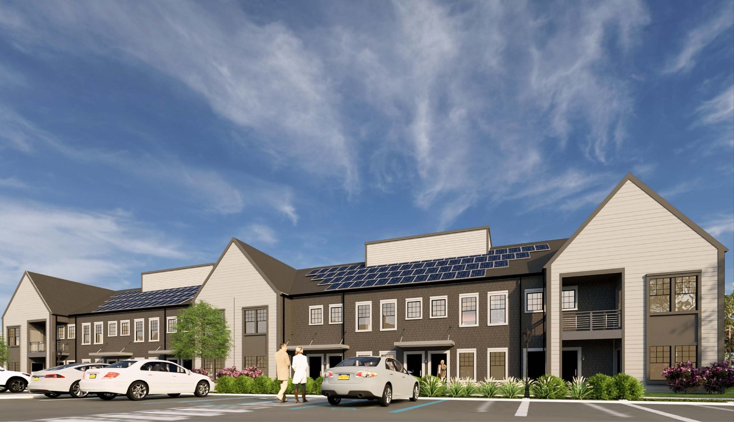 Renderings of the planned buildings at The Preserve at South Country Road, a 79-unit affordable housing development planned on Quiogue. NRP GROUP