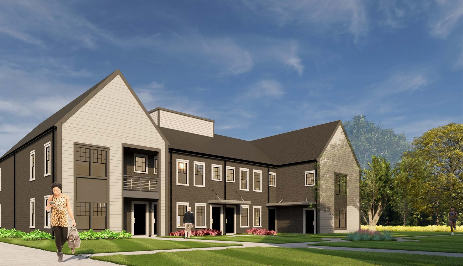 Renderings of the planned buildings at The Preserve at South Country Road, a 79-unit affordable housing development planned on Quiogue. NRP GROUP