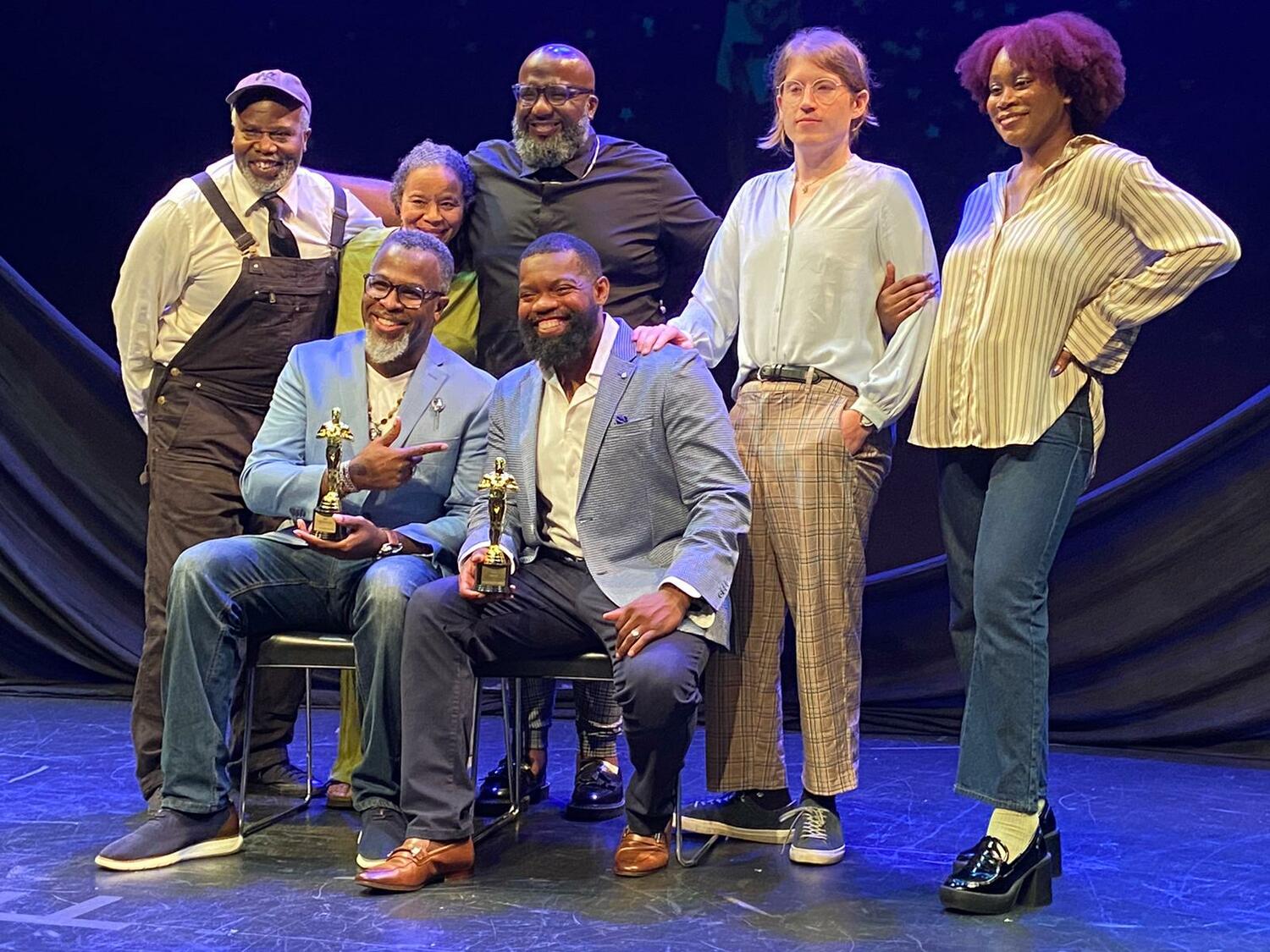 “Underground: Hear the Sound of Freedom” creators and cast members at the 2024 New York Theater Festival awards ceremony, where the production won two award. Seated, from left, writer, producer and director Akil DuPont with actor and co-producer Travis Pratt. Standing, actor Julius Hollingworth, actor Monet Dunham, music director Jameel McKanstry, actor Mattie Parker and actor Stephanie Adumatioge. COURTESY AKIL DUPONT