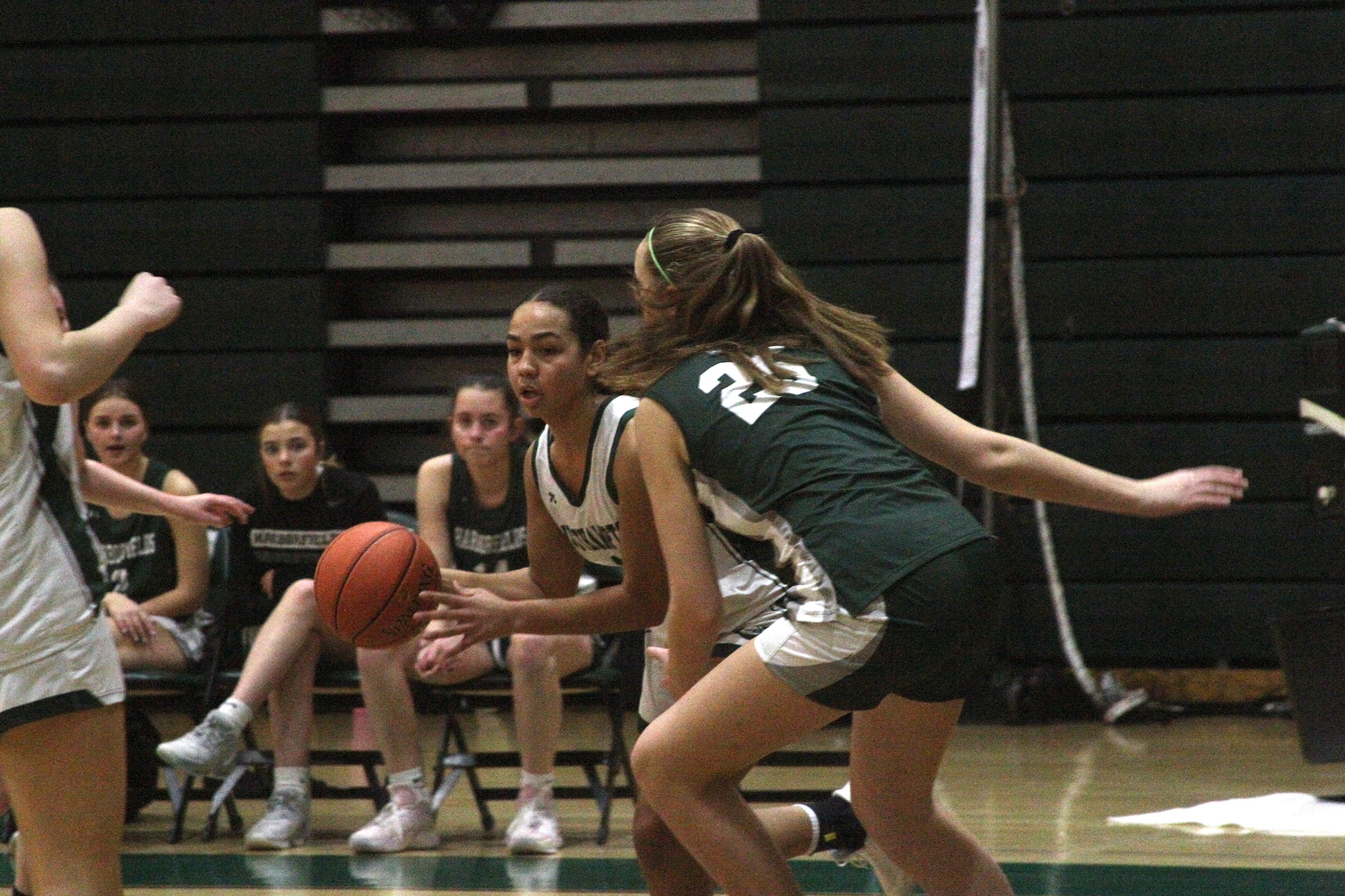 Junior center Jasmine Taylor moves the ball around Harborfields' Maren Korsh. DESIRÉE KEEGAN