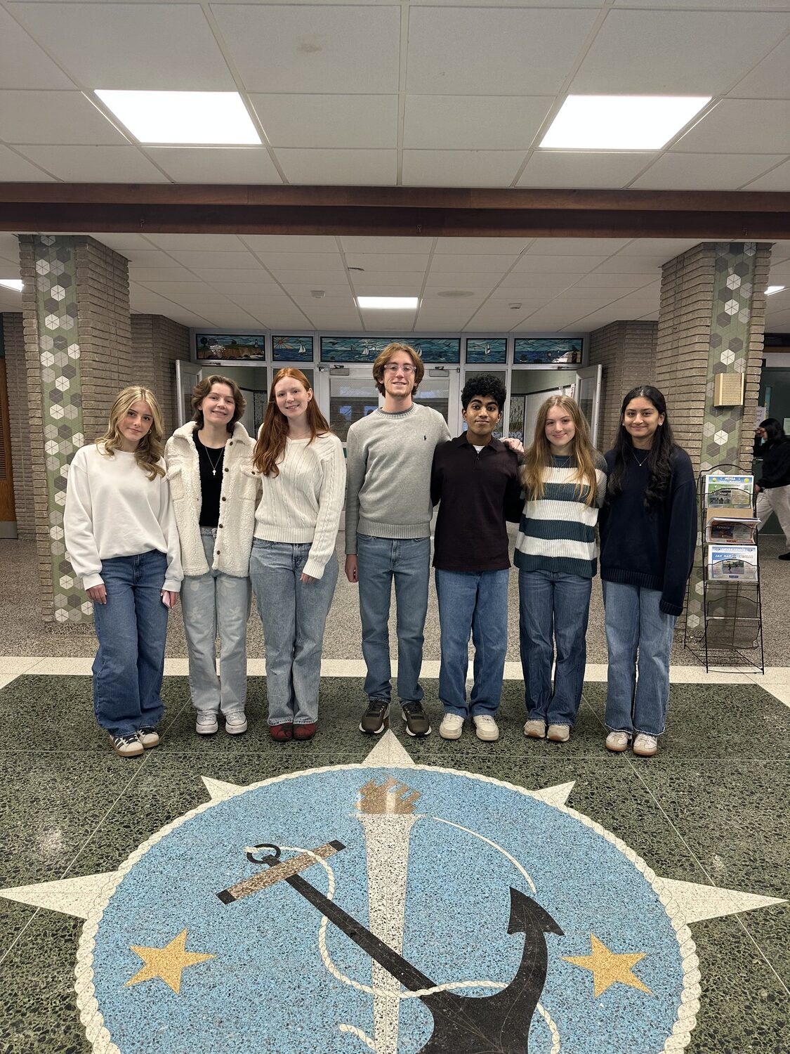 Seven Westhampton Beach High School students, from left, Zoey Rudolf, Meghan Pomroy, Abigail Curran, Nicholas Burruso, Luke Albert, Matilda Buchen and Fahtima Iqbal, have earned New York State Scholarships for Academic Excellence. The students qualified for the scholarships based on their exceptional GPAs and Regents test scores. The scholarships can be used toward a New York State institution of higher education. COURTESY WESTHAMPTON BEACH SCHOOL DISTRICT