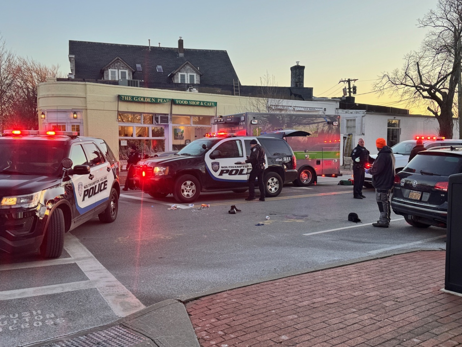 A pedestrian was struck be a car at the corner of Main Street and Nugent Street in Southampton Village on Tuesday. MICHAEL WRIGHT